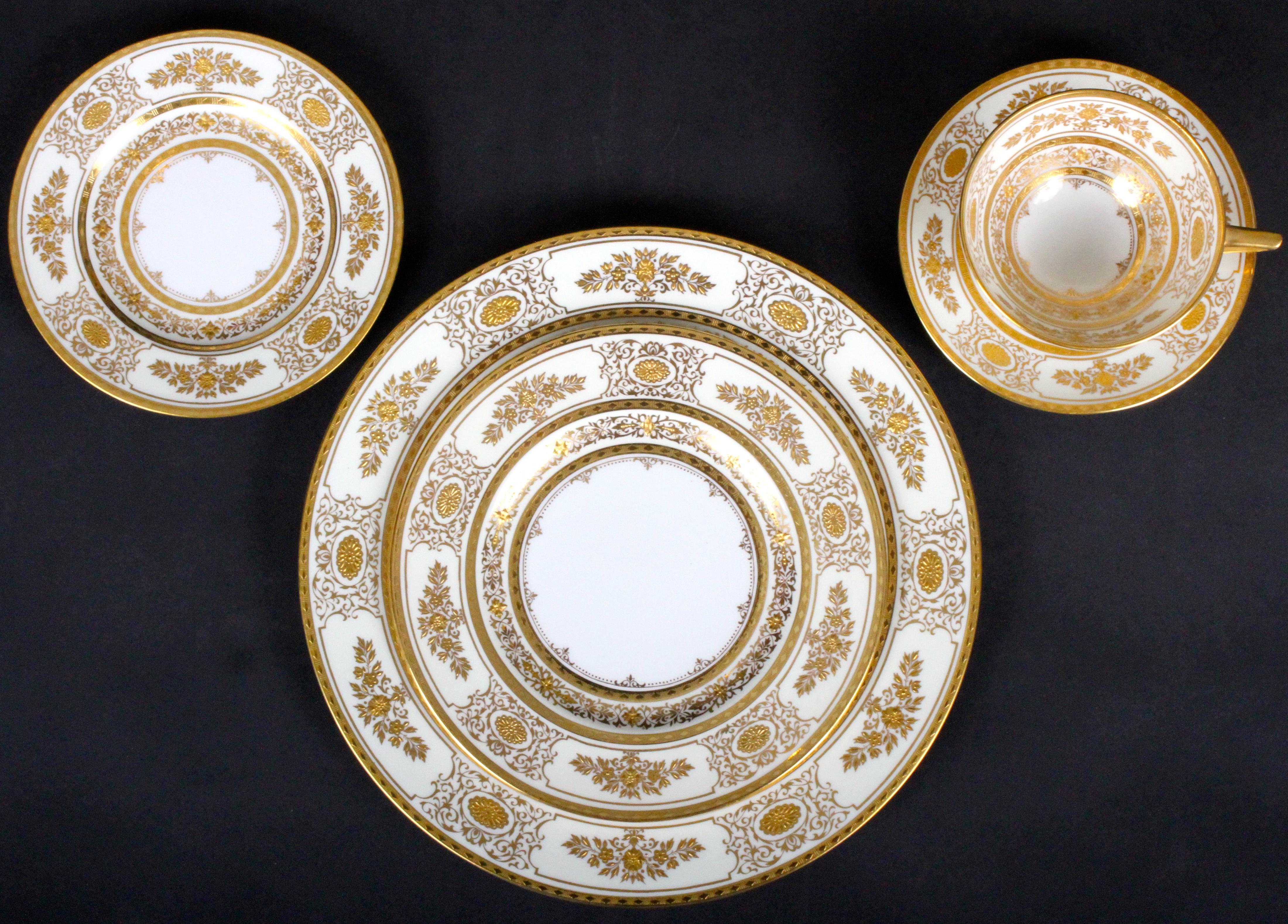 English Service for 12 of Minton for Tiffany Ivory Gilded Plates For Sale