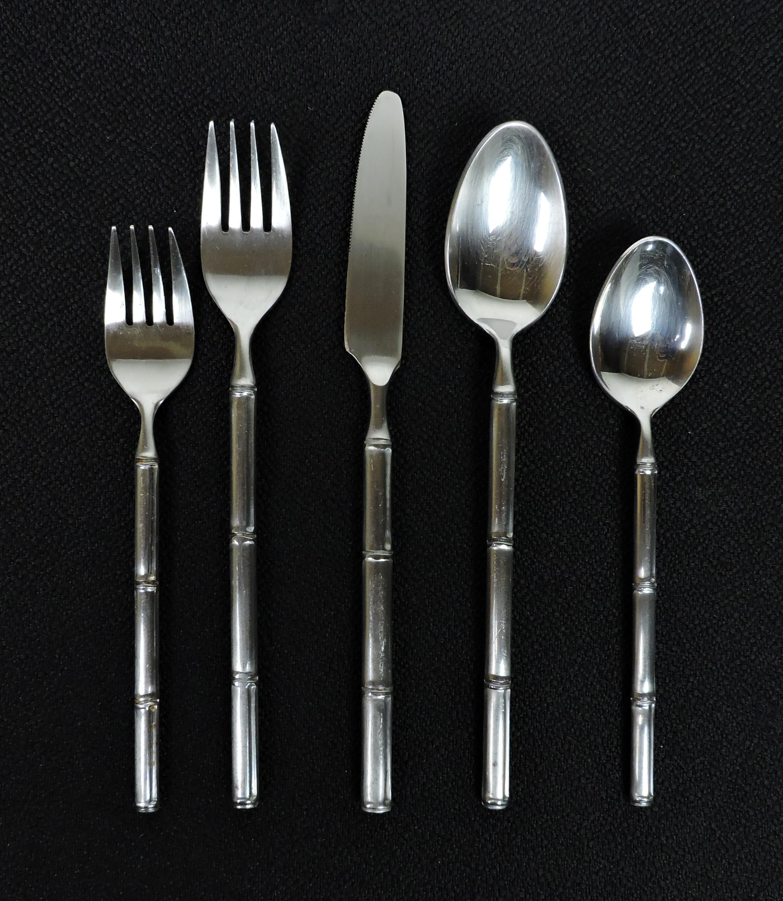 Beautiful 68 piece, service for twelve, large set of Stanley Roberts stainless steel flatware in the Tiburon bamboo pattern. This set consists of 12 forks, 12 salad forks, 12 soup spoons, 12 teaspoons, 12 knives, and 8 serving pieces. Heavy and well