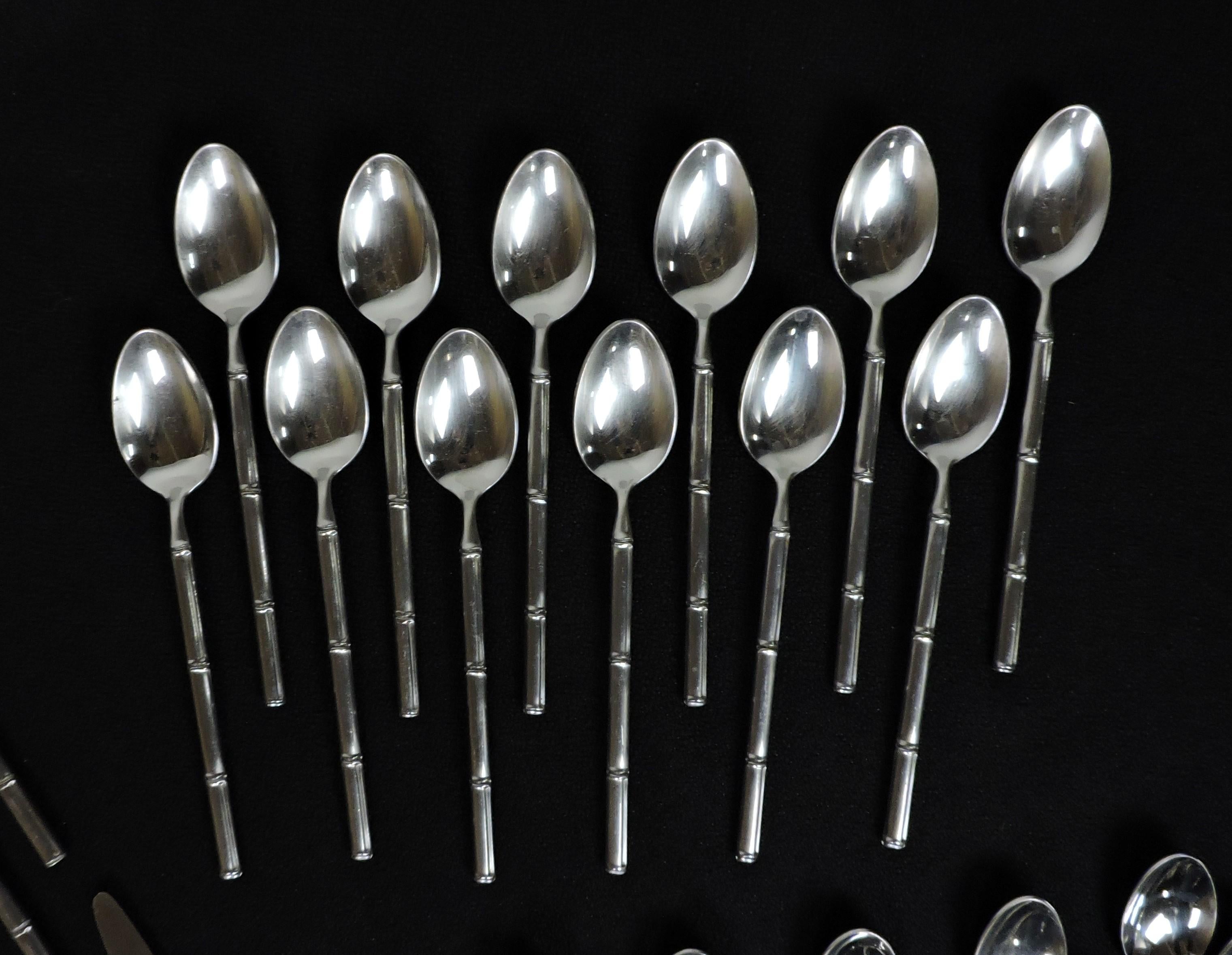 Service for 12 Stanley Roberts Tiburon Modern Stainless Bamboo Style Flatware In Good Condition For Sale In Chesterfield, NJ