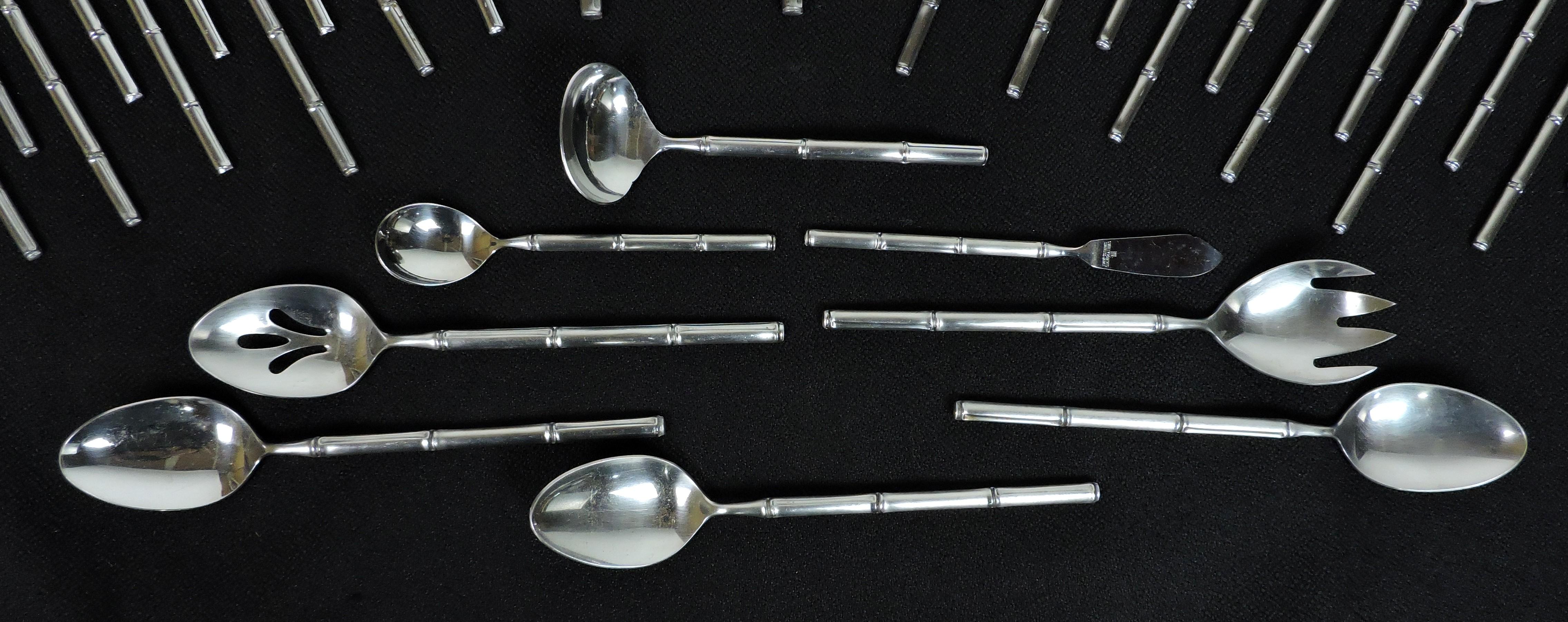 Stainless Steel Service for 12 Stanley Roberts Tiburon Modern Stainless Bamboo Style Flatware For Sale