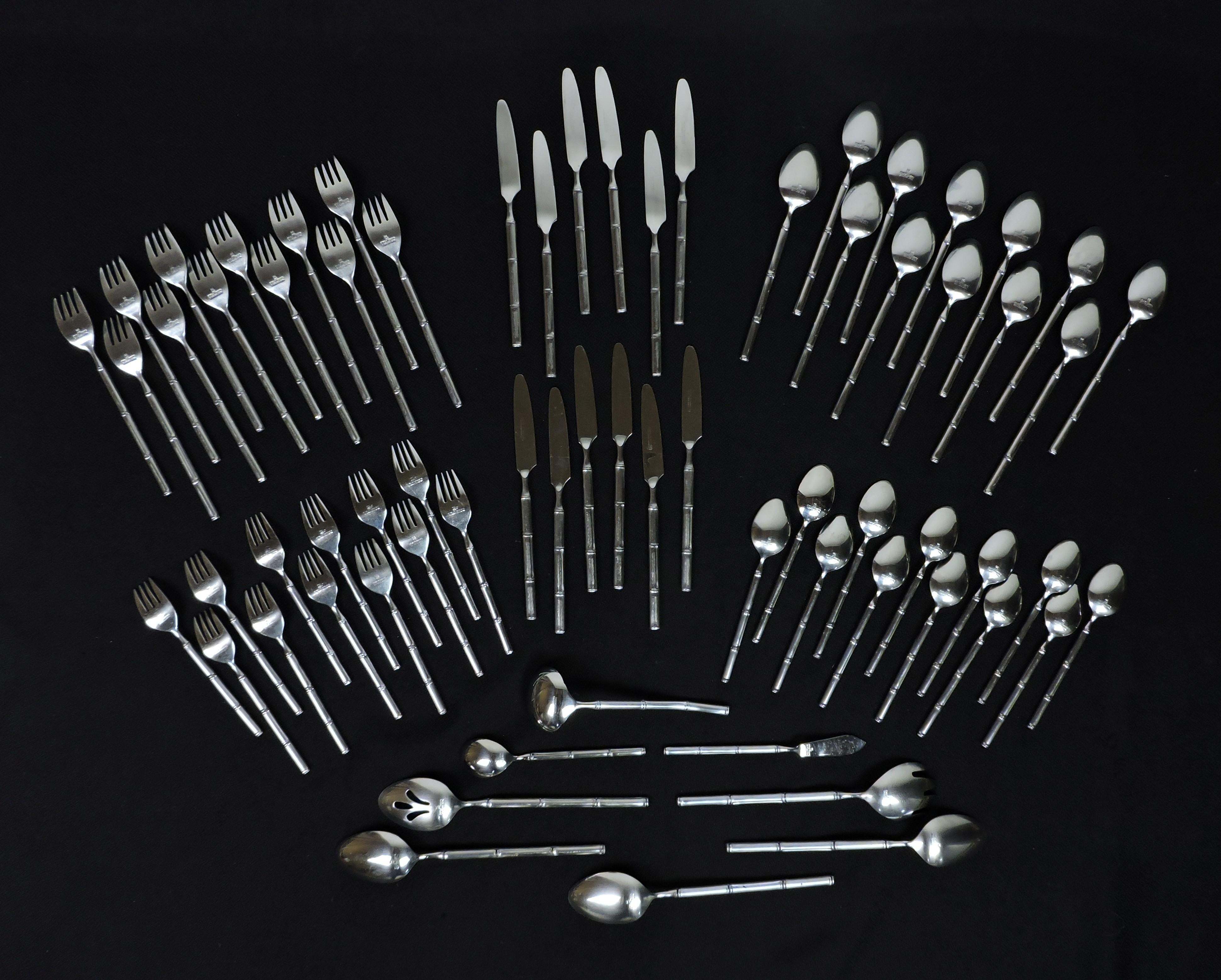 Service for 12 Stanley Roberts Tiburon Modern Stainless Bamboo Style Flatware For Sale 1