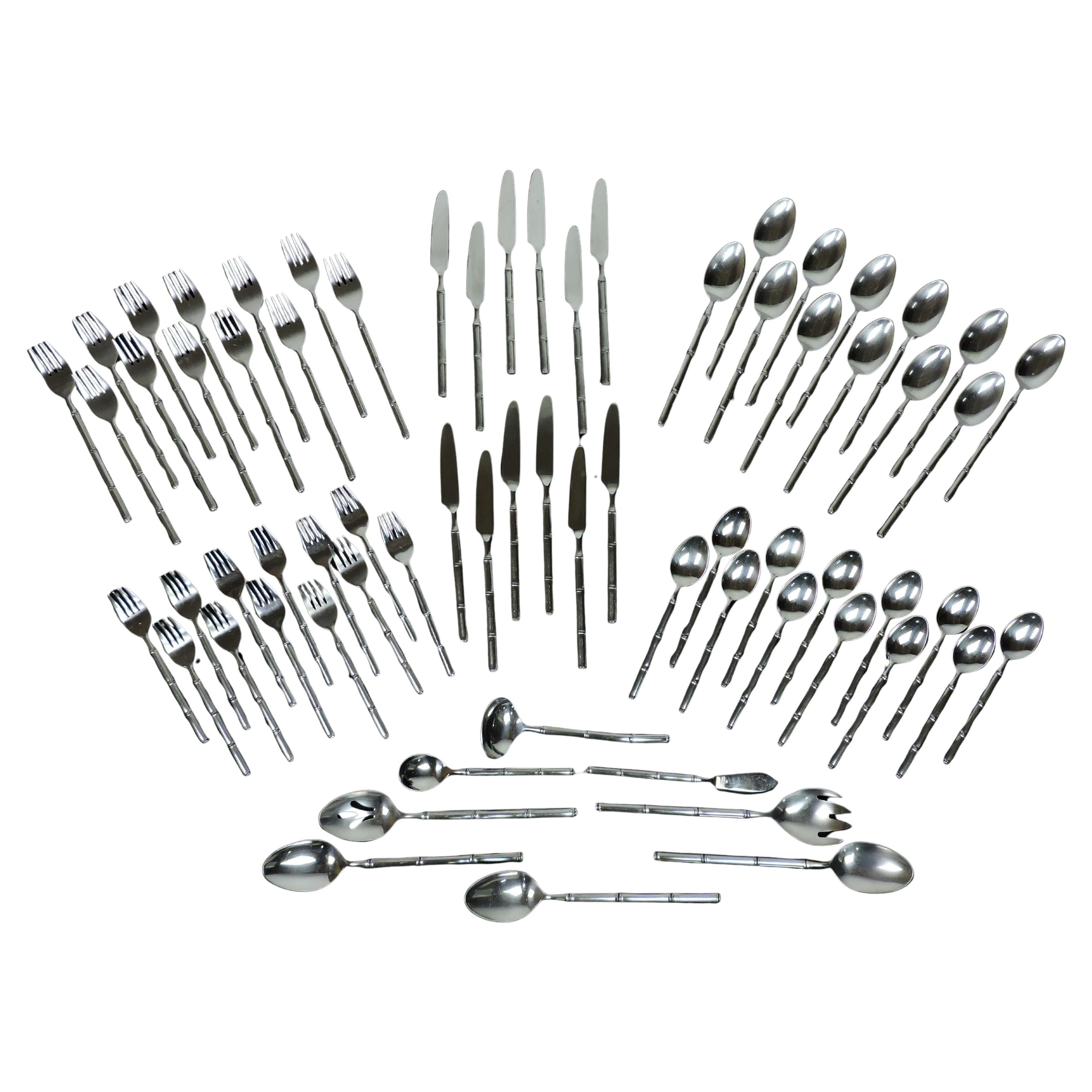 Service for 12 Stanley Roberts Tiburon Modern Stainless Bamboo Style Flatware
