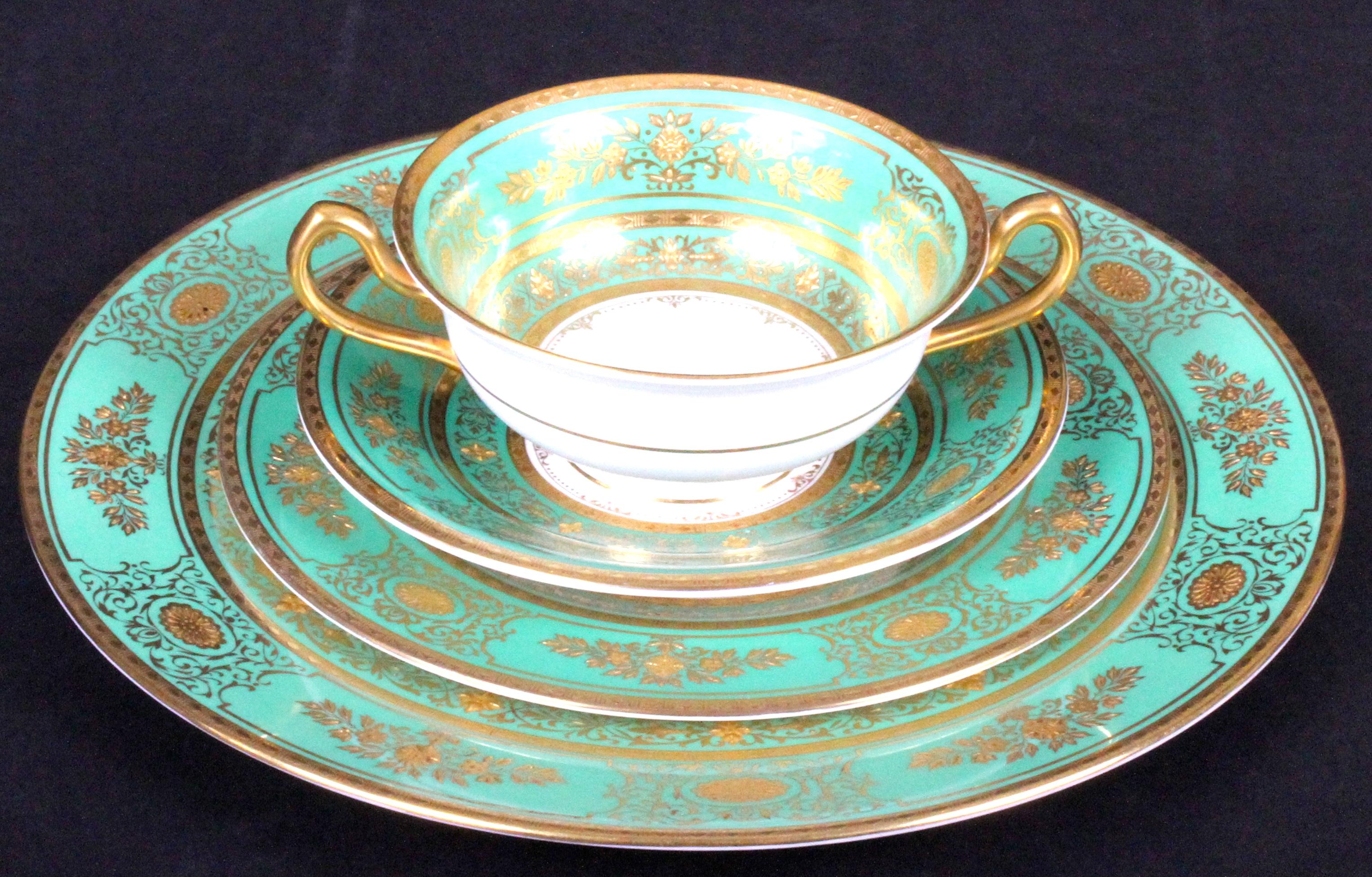 Neoclassical Service for 18 of Minton for Tiffany, Green and Gold For Sale