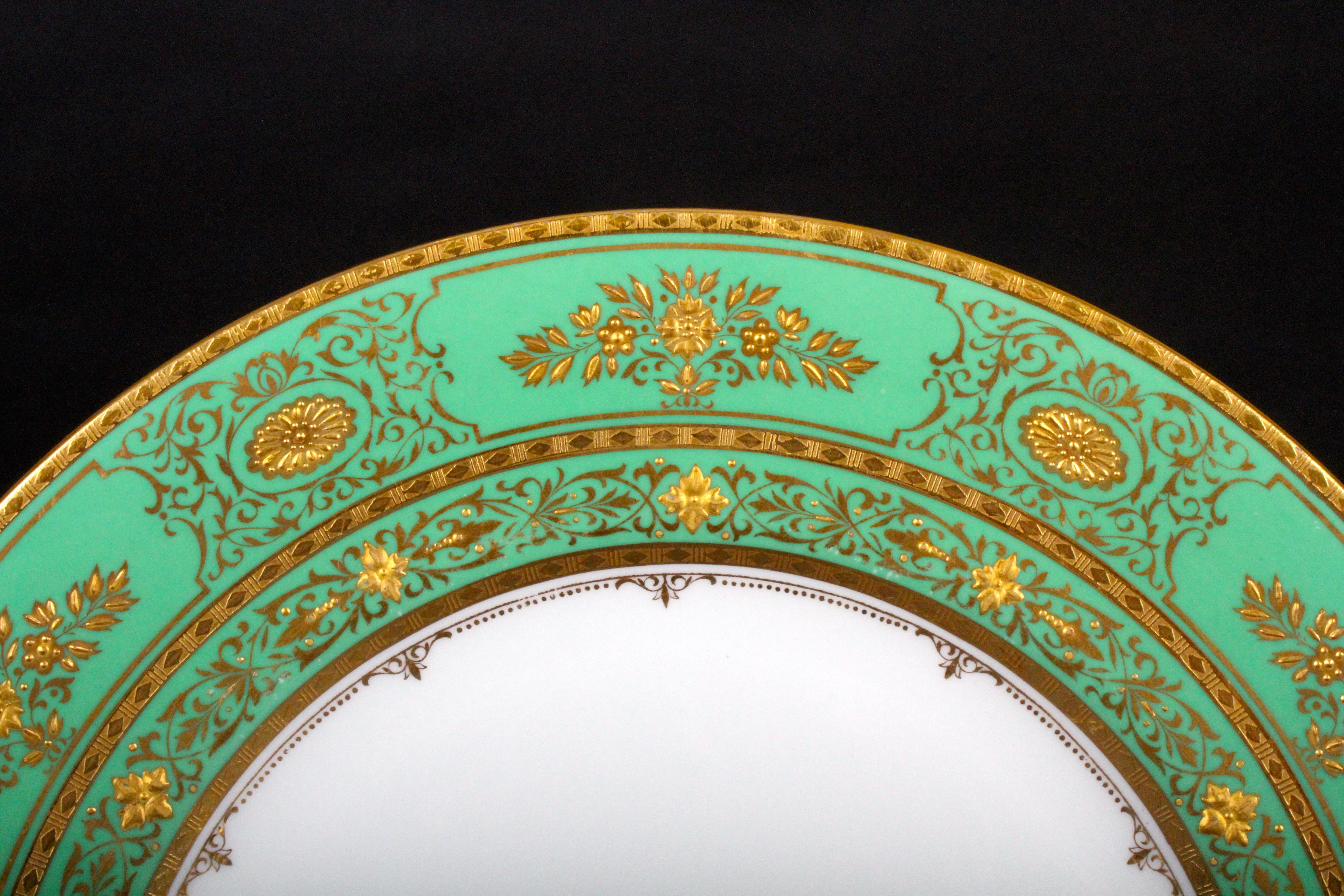 Hand-Crafted Service for 18 of Minton for Tiffany, Green and Gold For Sale