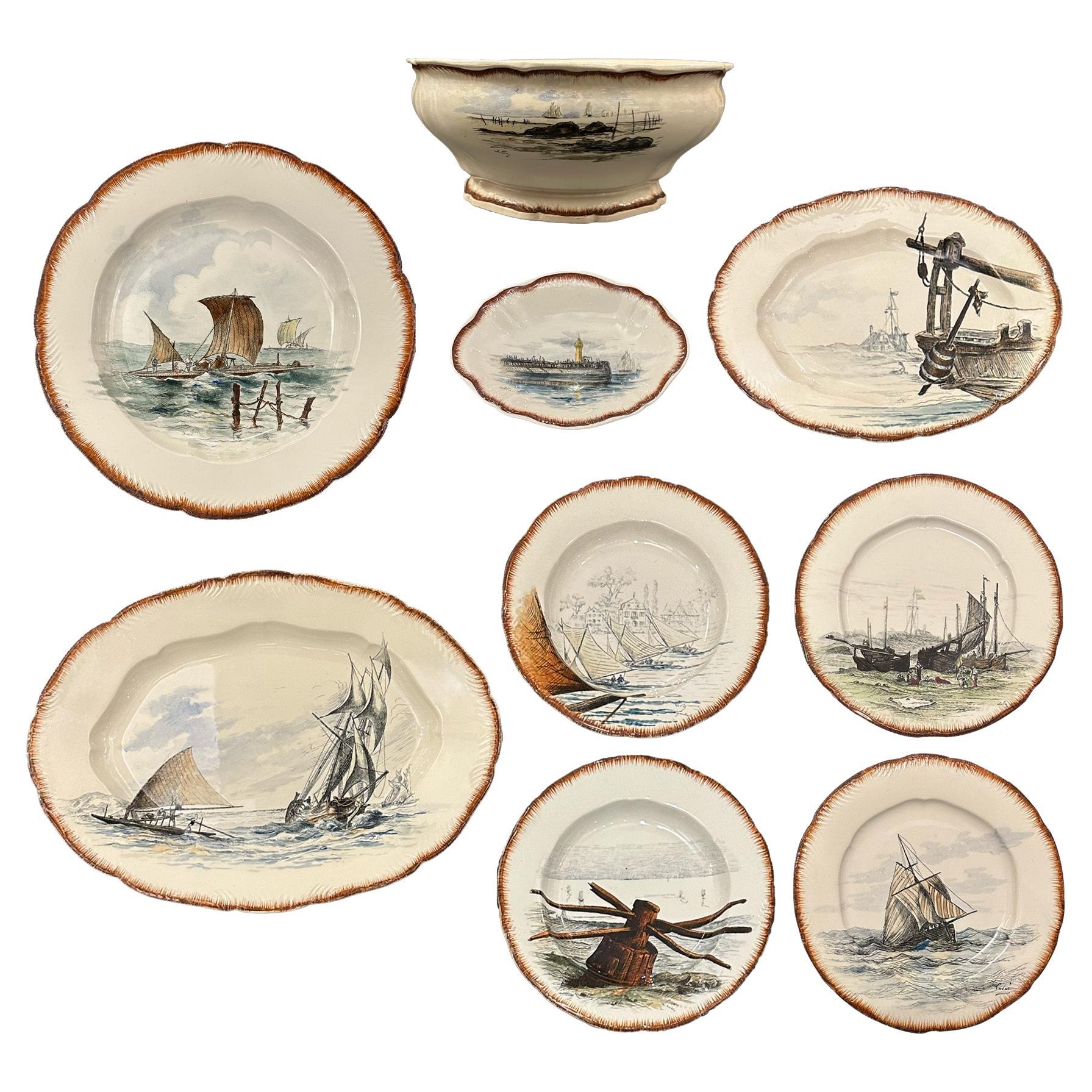 Vajilla Francesa Paisaje Marítimo Creil&Montereau pintada a mano circa 1889