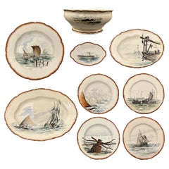 Vajilla Francesa Paisaje Marítimo Creil&Montereau pintada a mano circa 1889