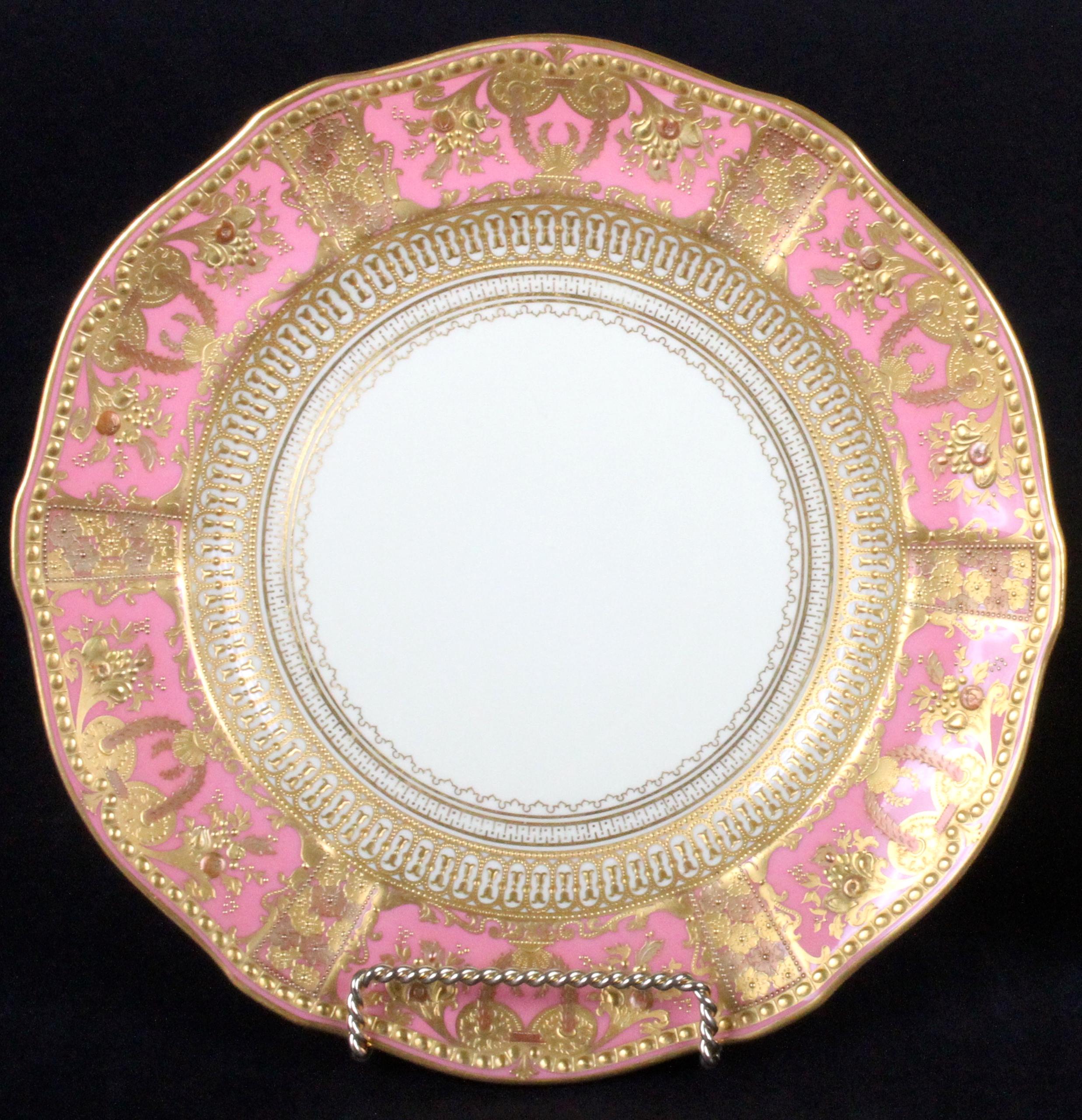 Neoclassical Service of 19th Century Derby Pink Service Plates with Elaborate 2-Color Gilding
