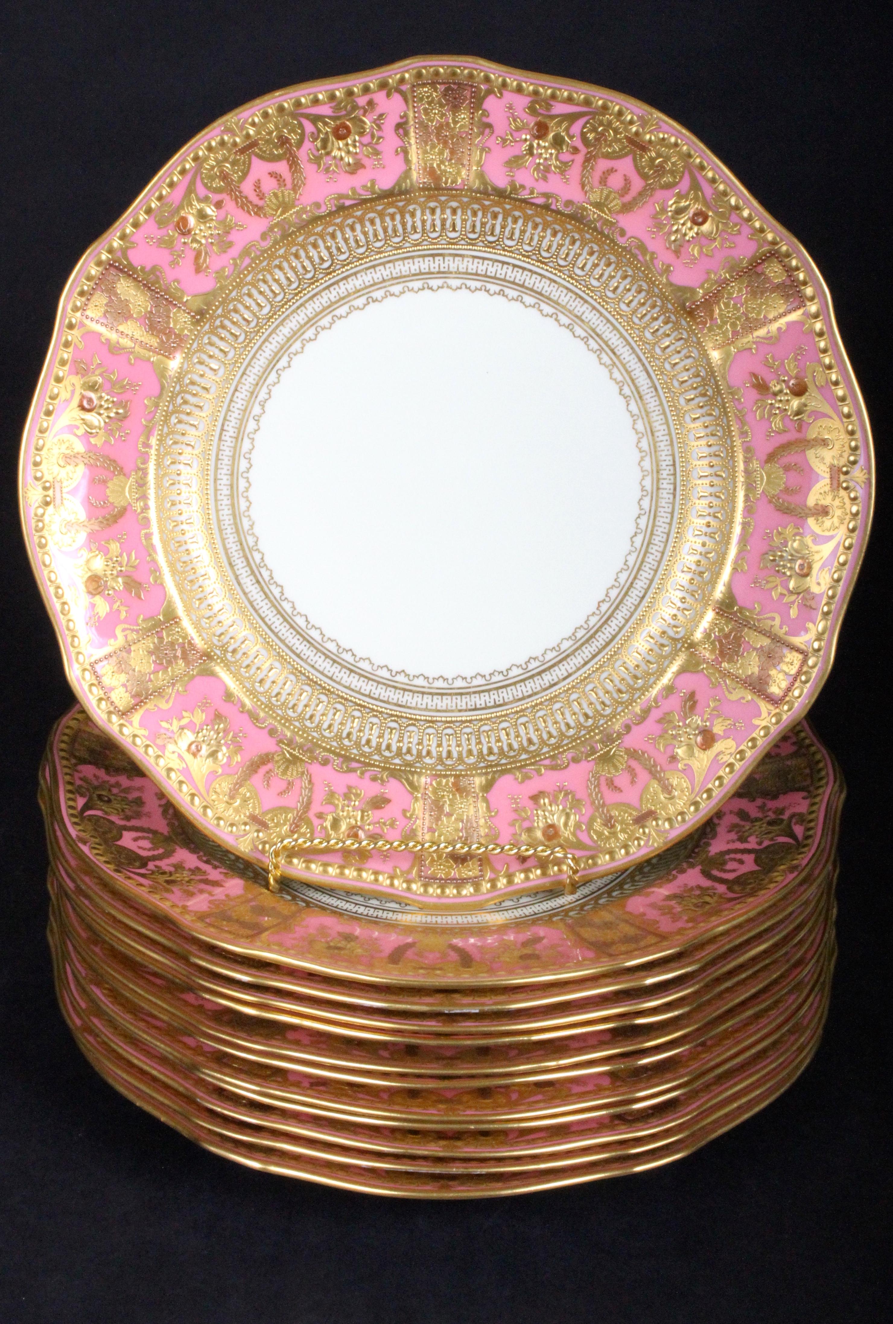 English Service of 19th Century Derby Pink Service Plates with Elaborate 2-Color Gilding