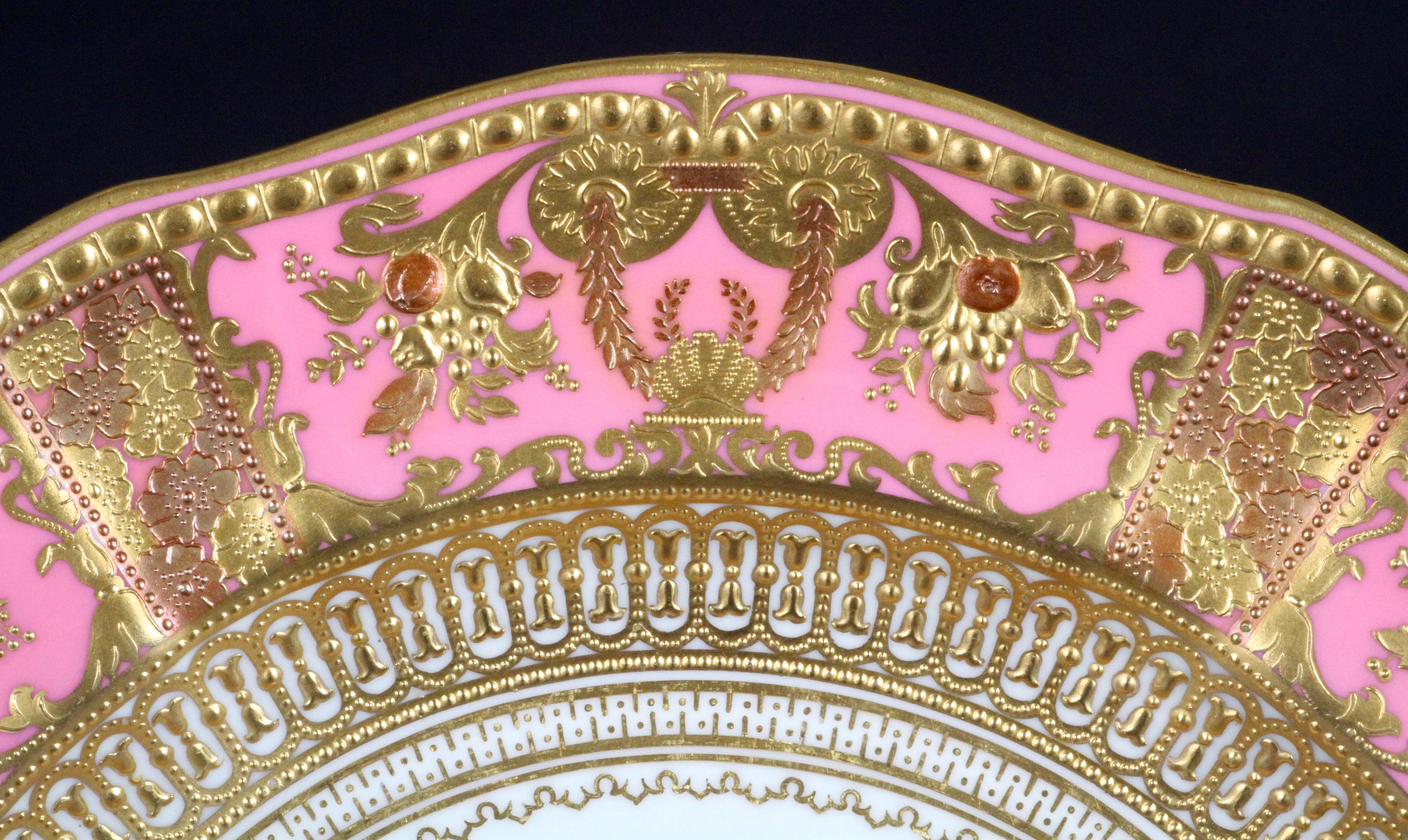 Fired Service of 19th Century Derby Pink Service Plates with Elaborate 2-Color Gilding