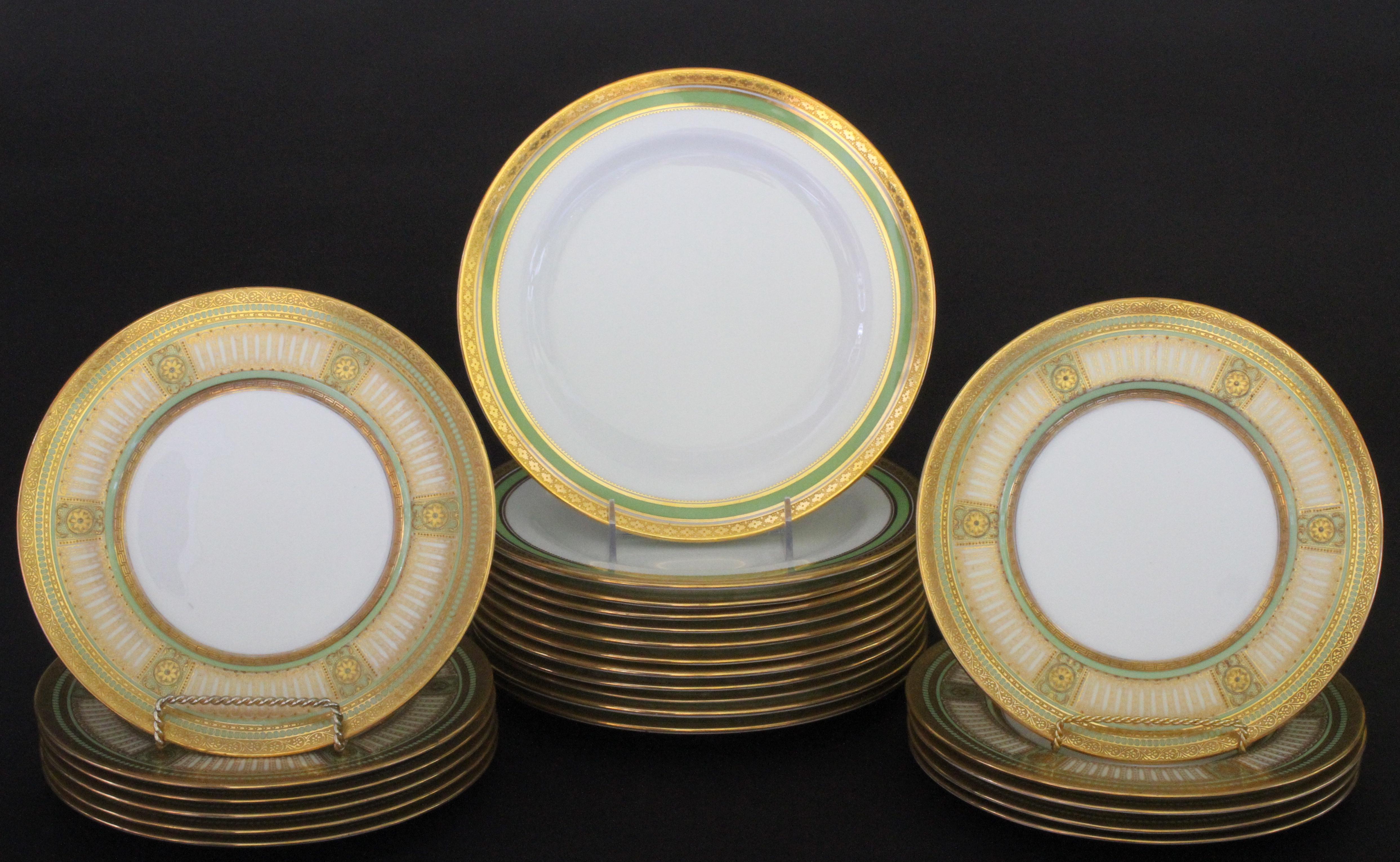 This is a lovely set of 24 Cauldon, England antique plates. The green service or dinner plates coordinate with the smaller plates that are perfect for an appetizer or dessert. The service plate features a green band and acid-etched gold rim in a