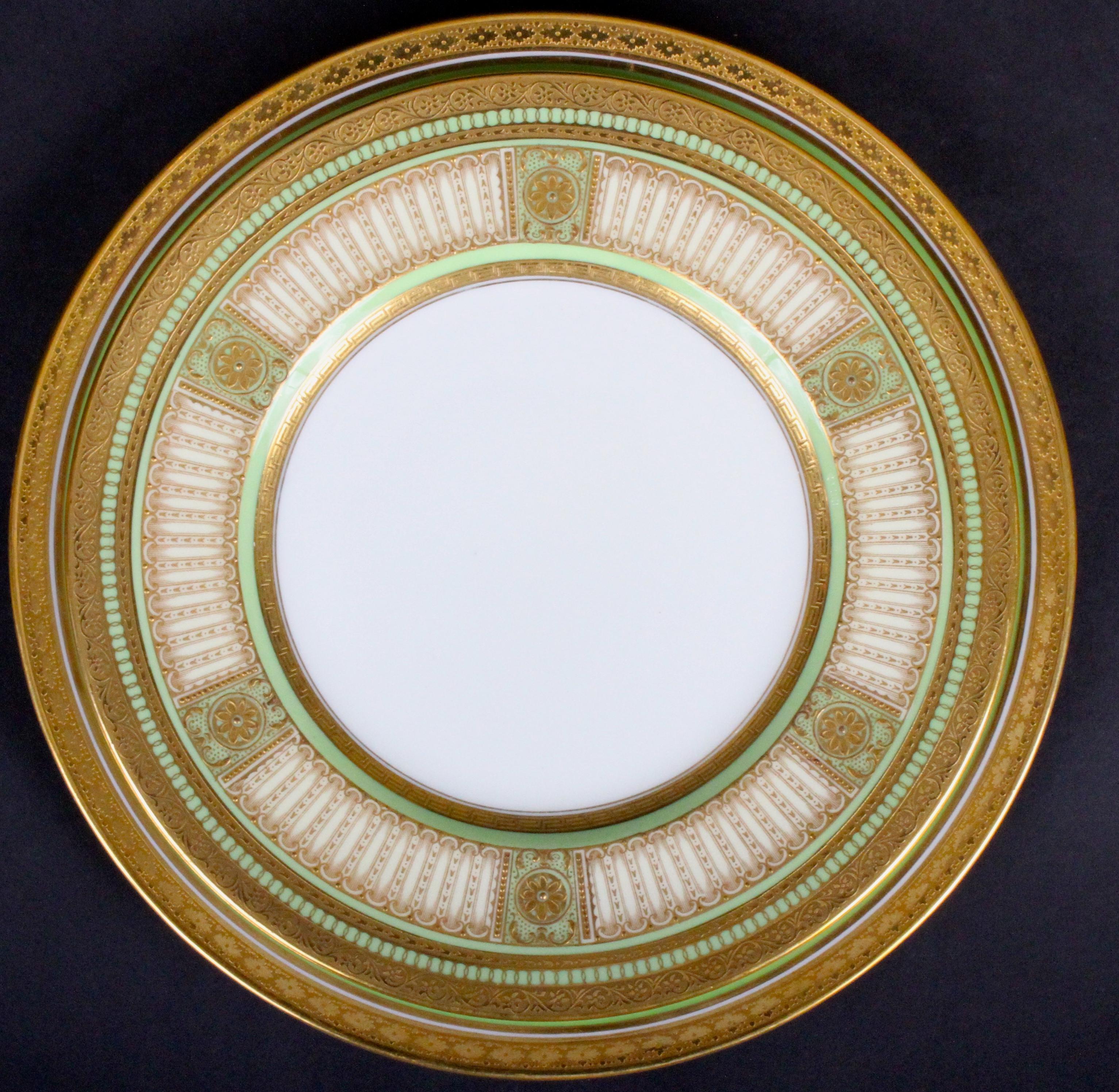 Art Deco Service of 24 Cauldon, England Gilt and Green Plates For Sale