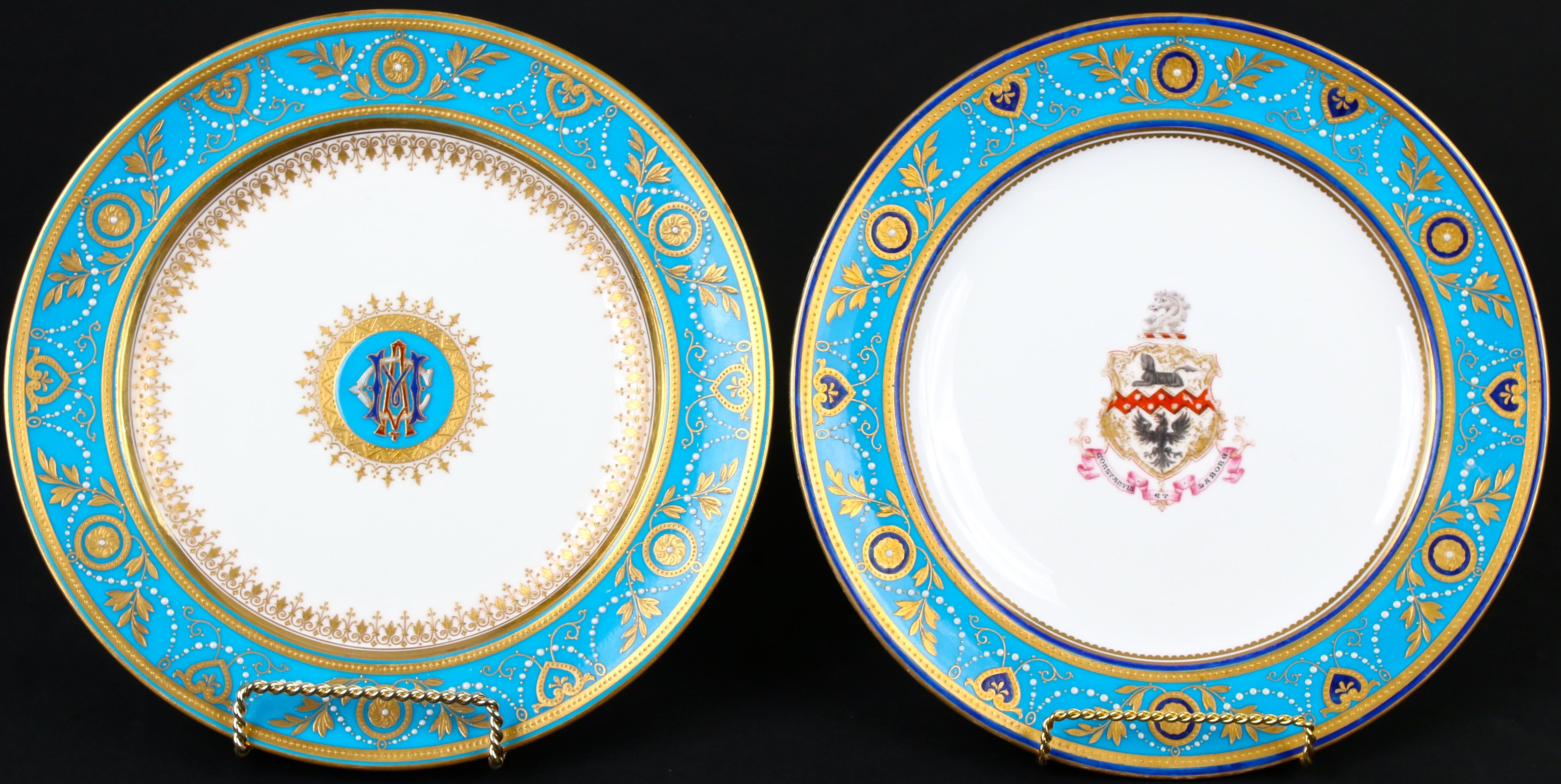Service of Minton Turquoise and Gold Encrusted Armorial Plates with Side Plates For Sale 3