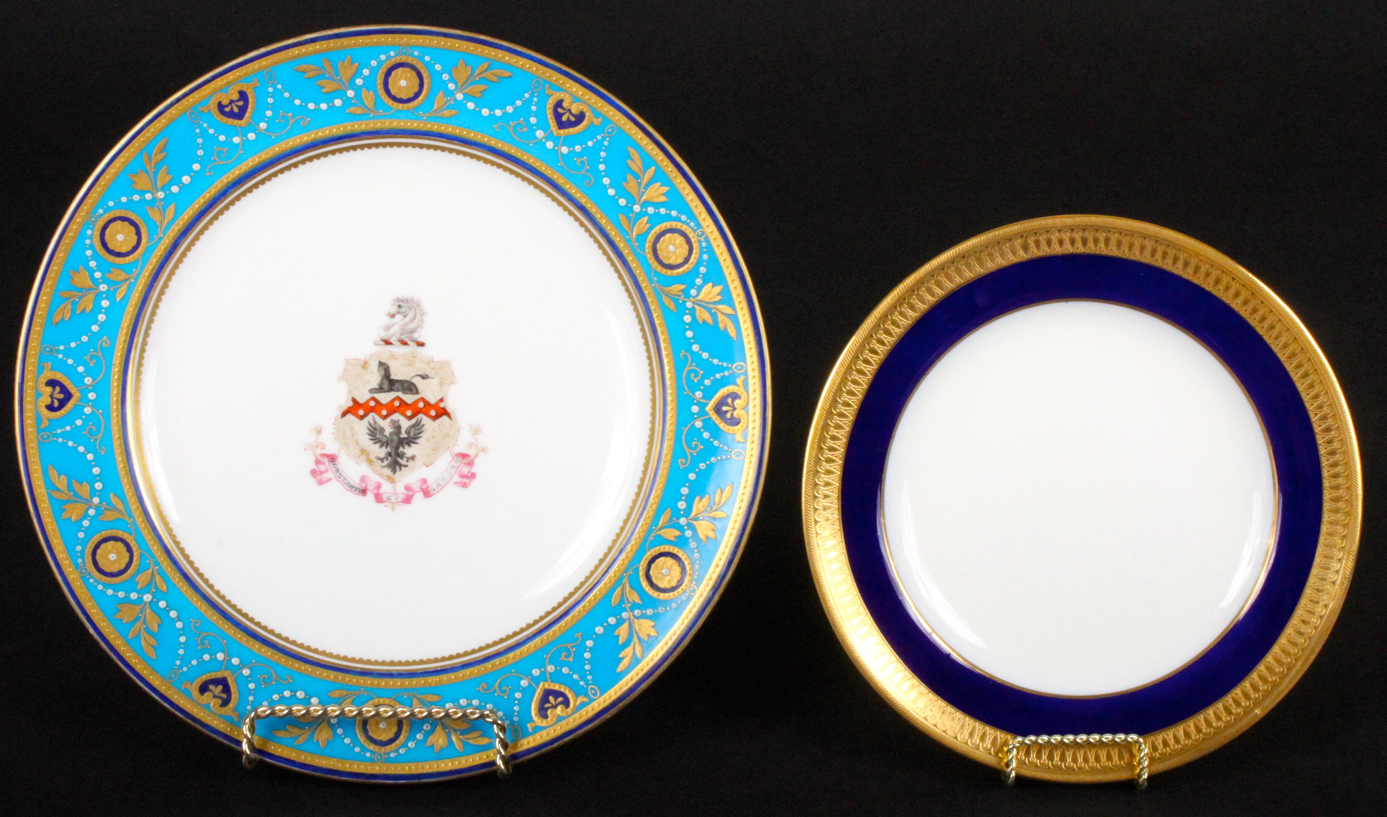 English Service of Minton Turquoise and Gold Encrusted Armorial Plates with Side Plates For Sale