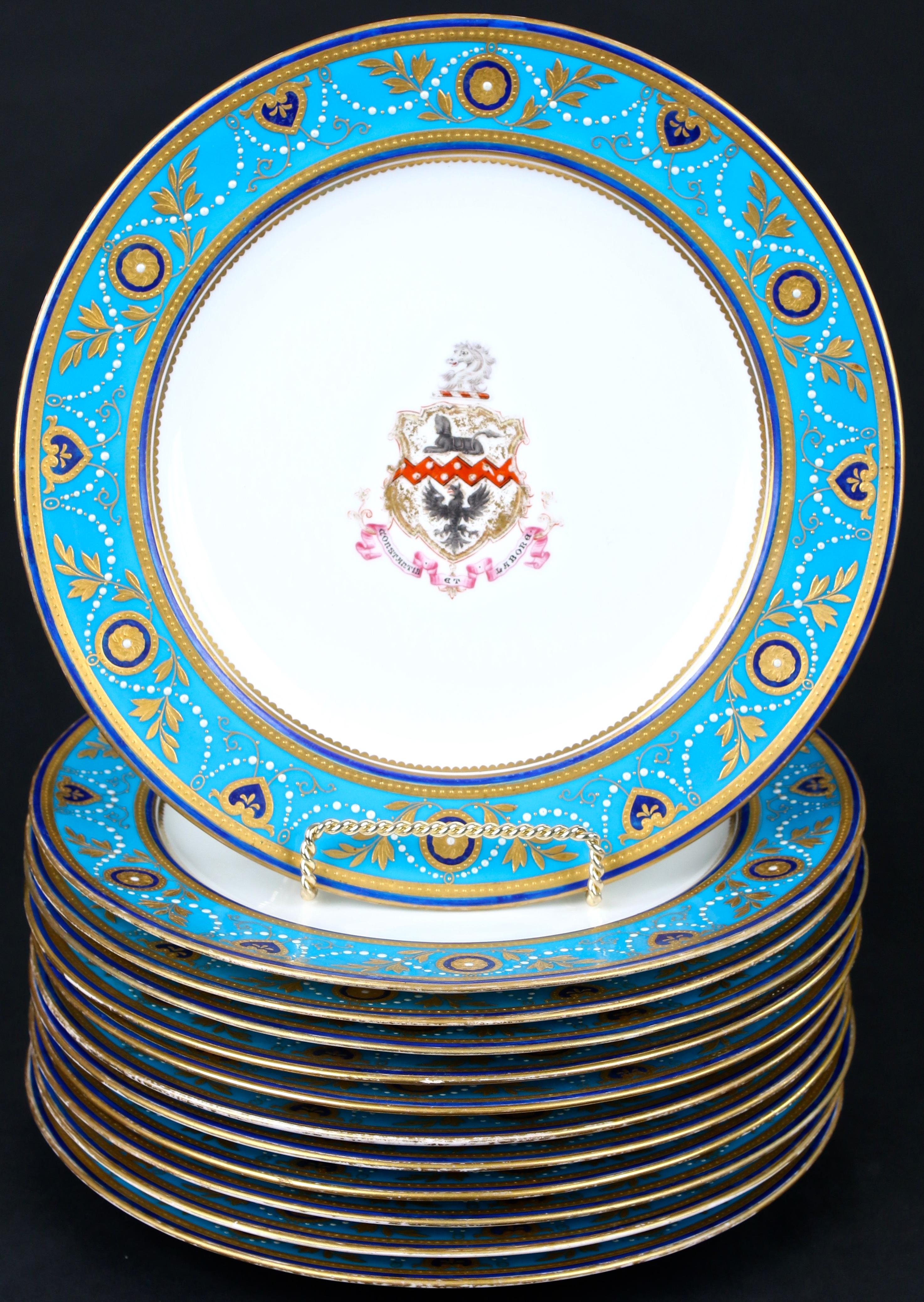 Enameled Service of Minton Turquoise and Gold Encrusted Armorial Plates with Side Plates For Sale