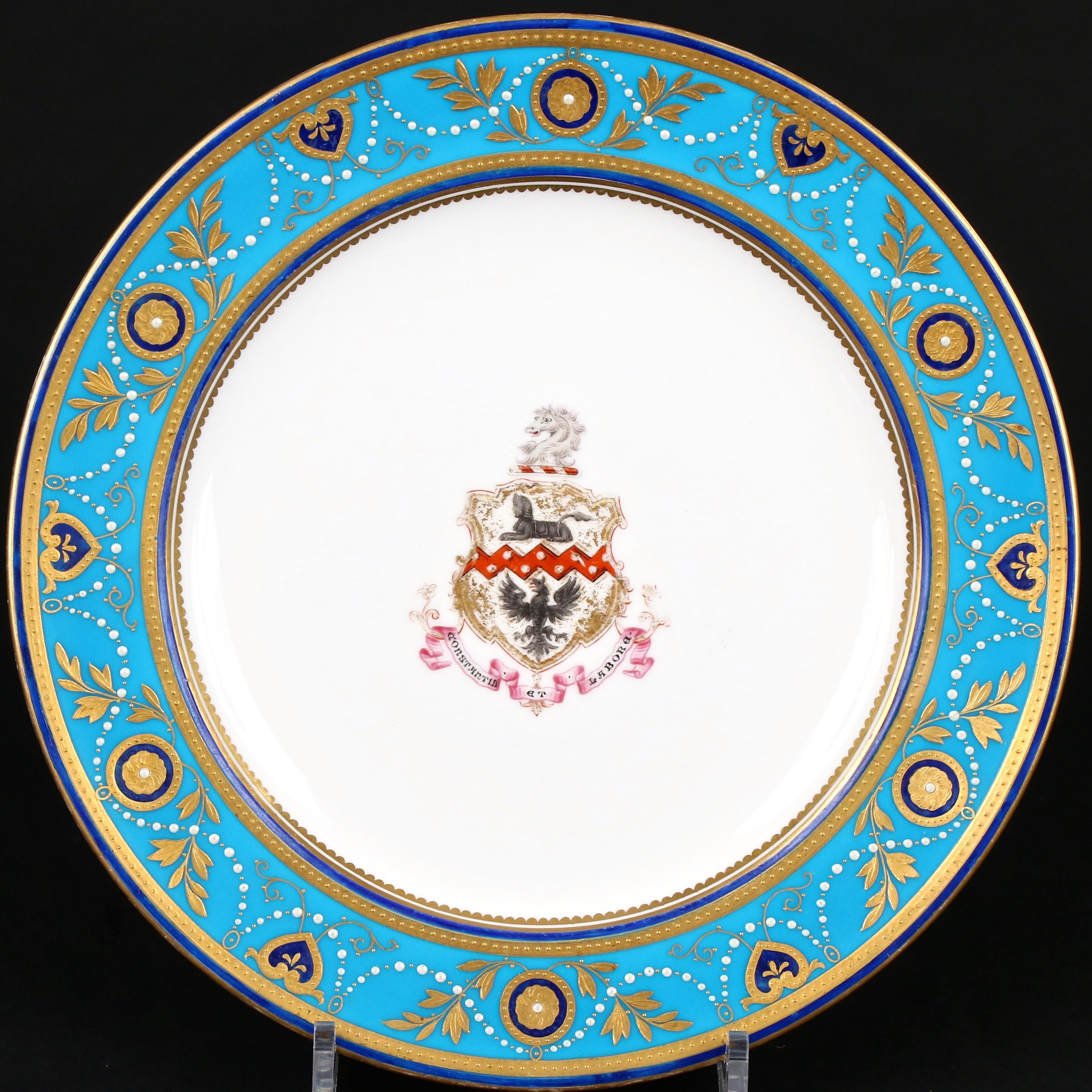 Service of Minton Turquoise and Gold Encrusted Armorial Plates with Side Plates In Good Condition For Sale In New York, NY