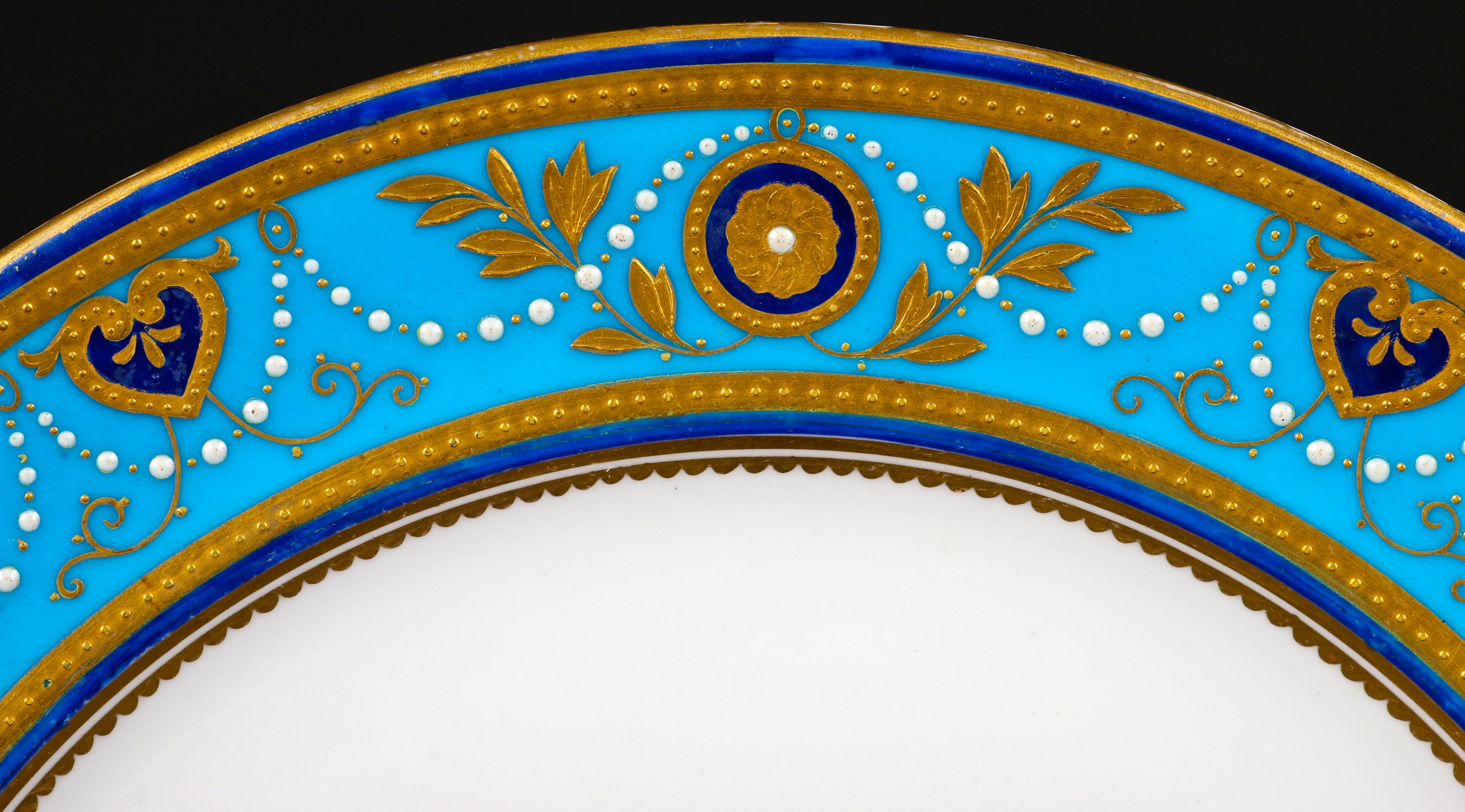 Porcelain Service of Minton Turquoise and Gold Encrusted Armorial Plates with Side Plates For Sale