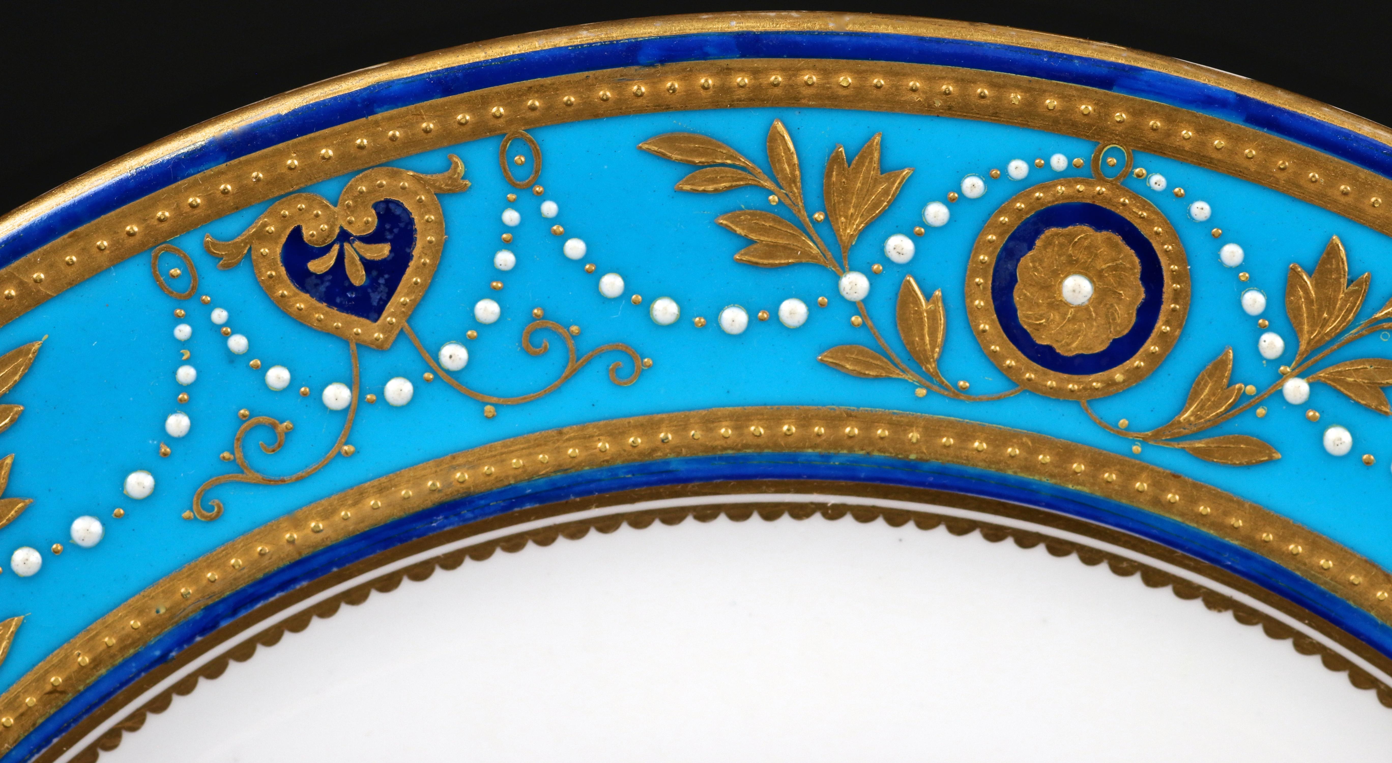 Service of Minton Turquoise and Gold Encrusted Armorial Plates with Side Plates For Sale 1