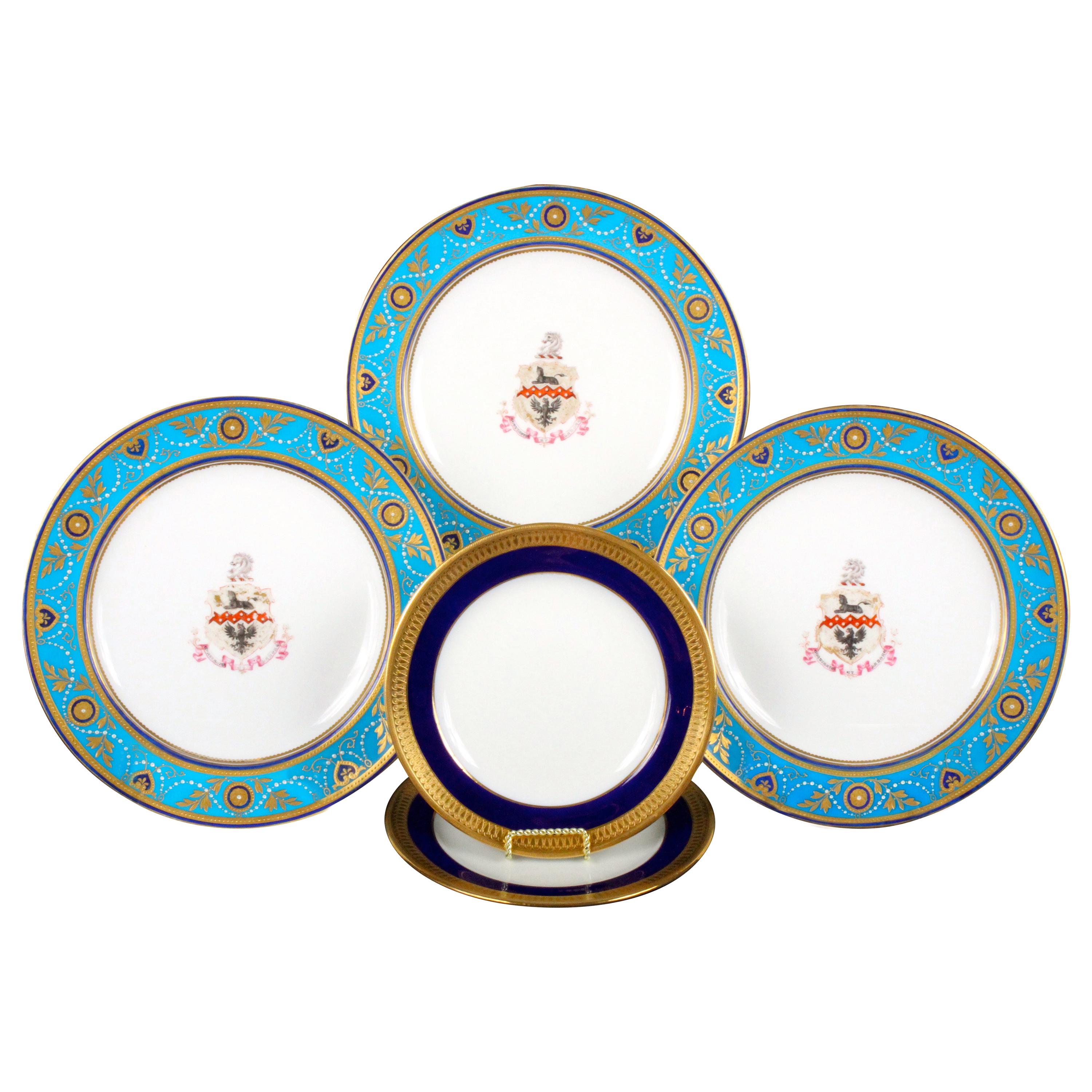 Service of Minton Turquoise and Gold Encrusted Armorial Plates with Side Plates For Sale