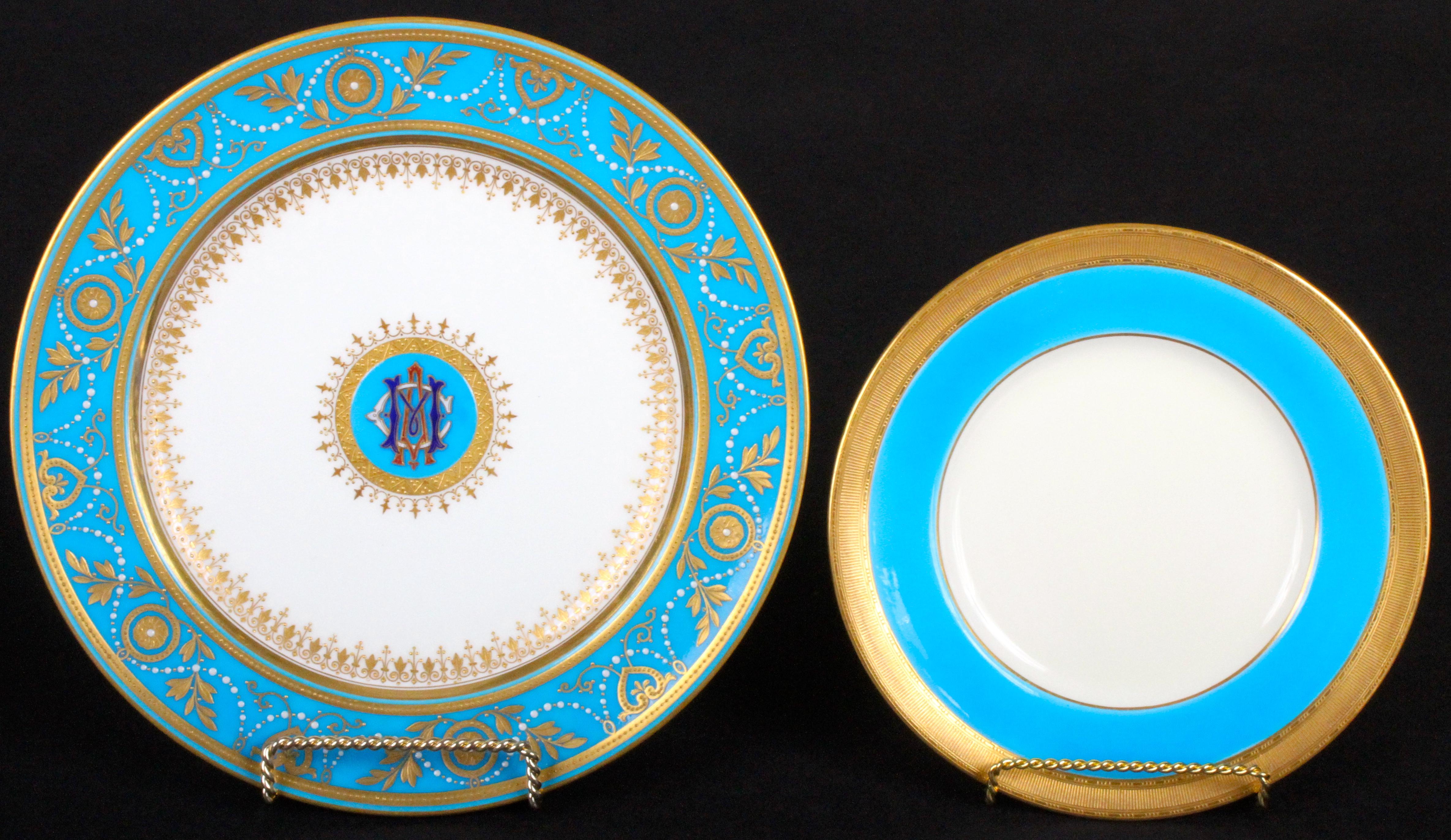 Victorian Service of Minton Turquoise and Gold Monogrammed Plates with Side Plates For Sale