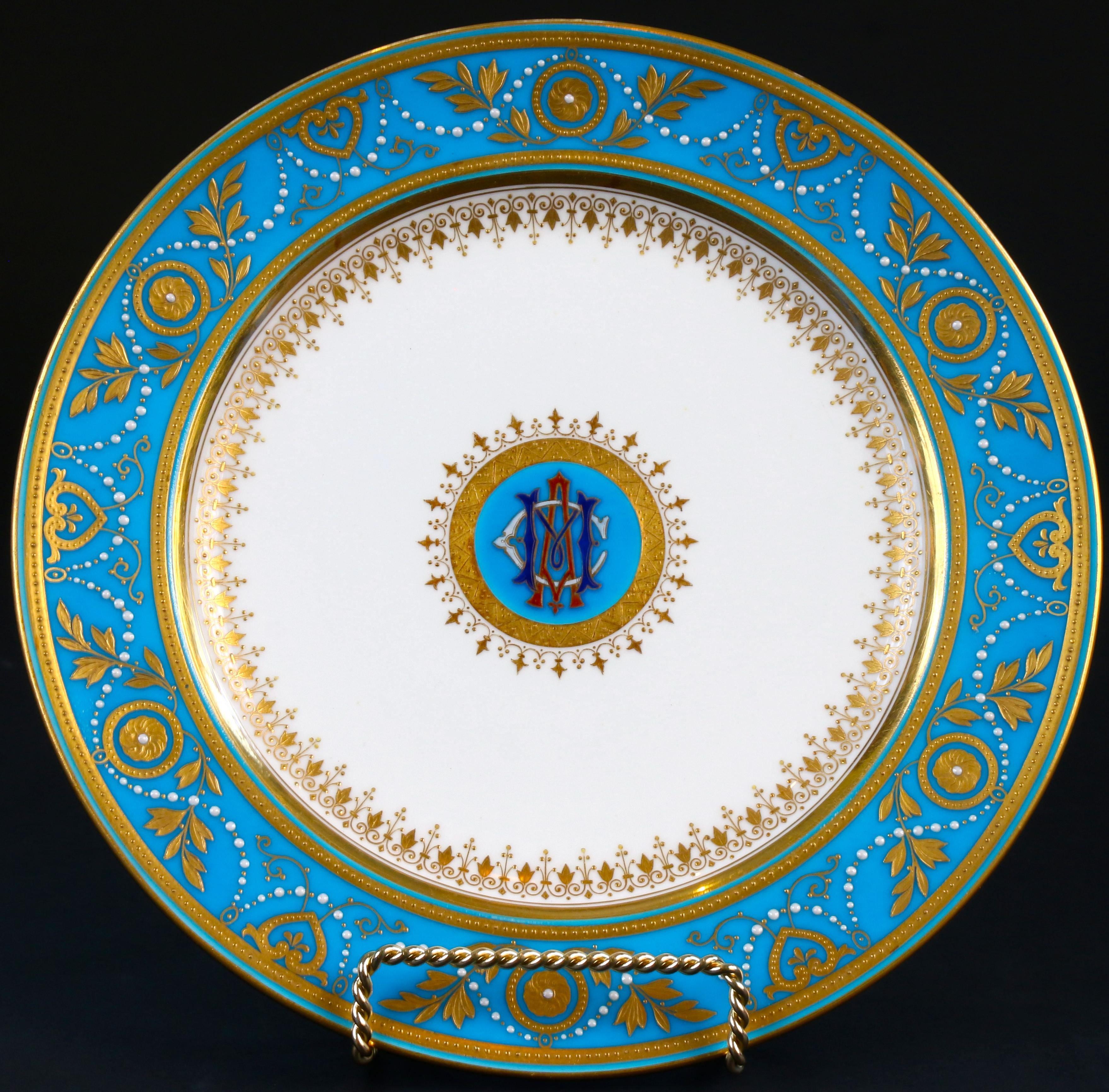 English Service of Minton Turquoise and Gold Monogrammed Plates with Side Plates For Sale