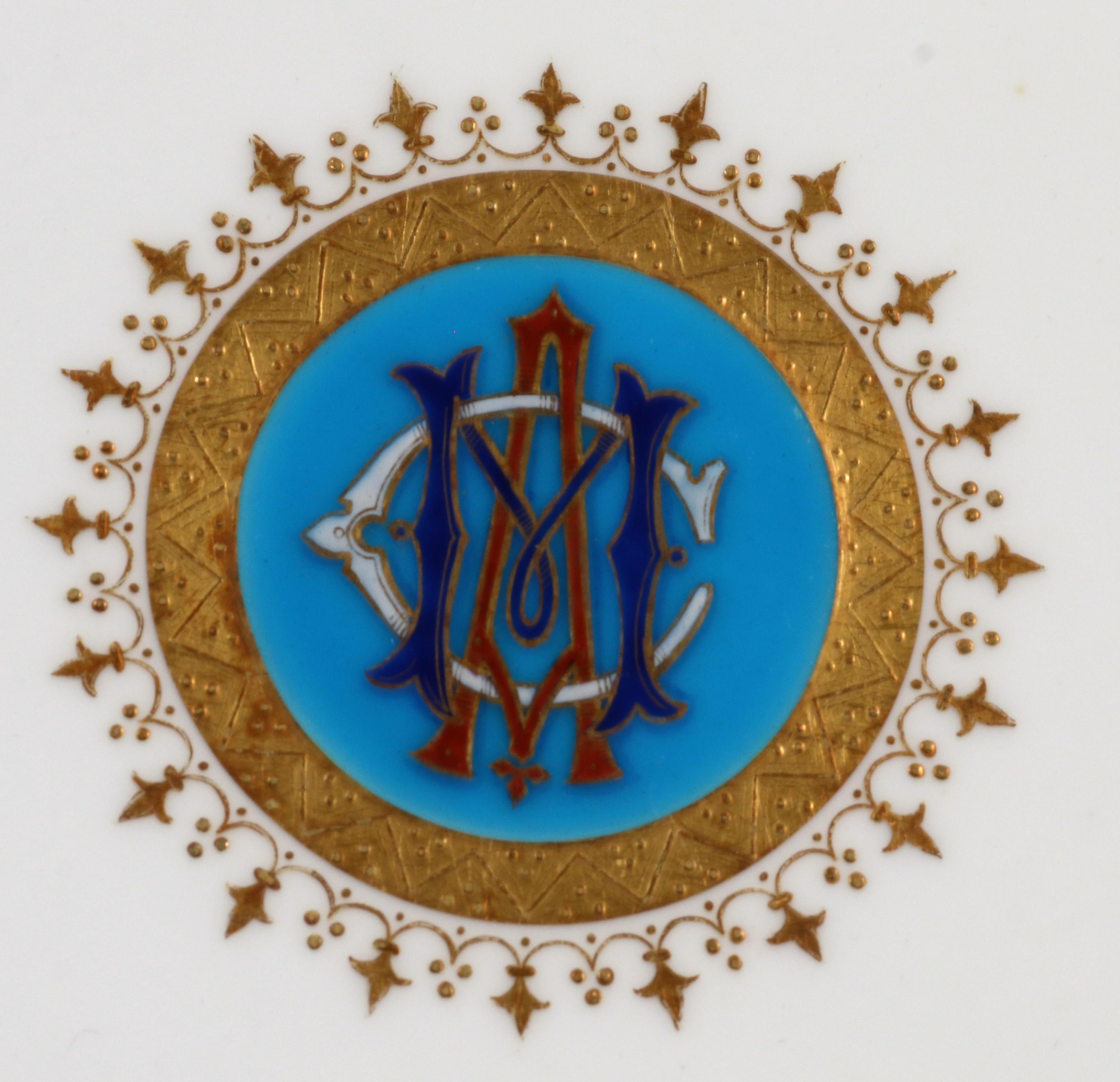 Enameled Service of Minton Turquoise and Gold Monogrammed Plates with Side Plates For Sale