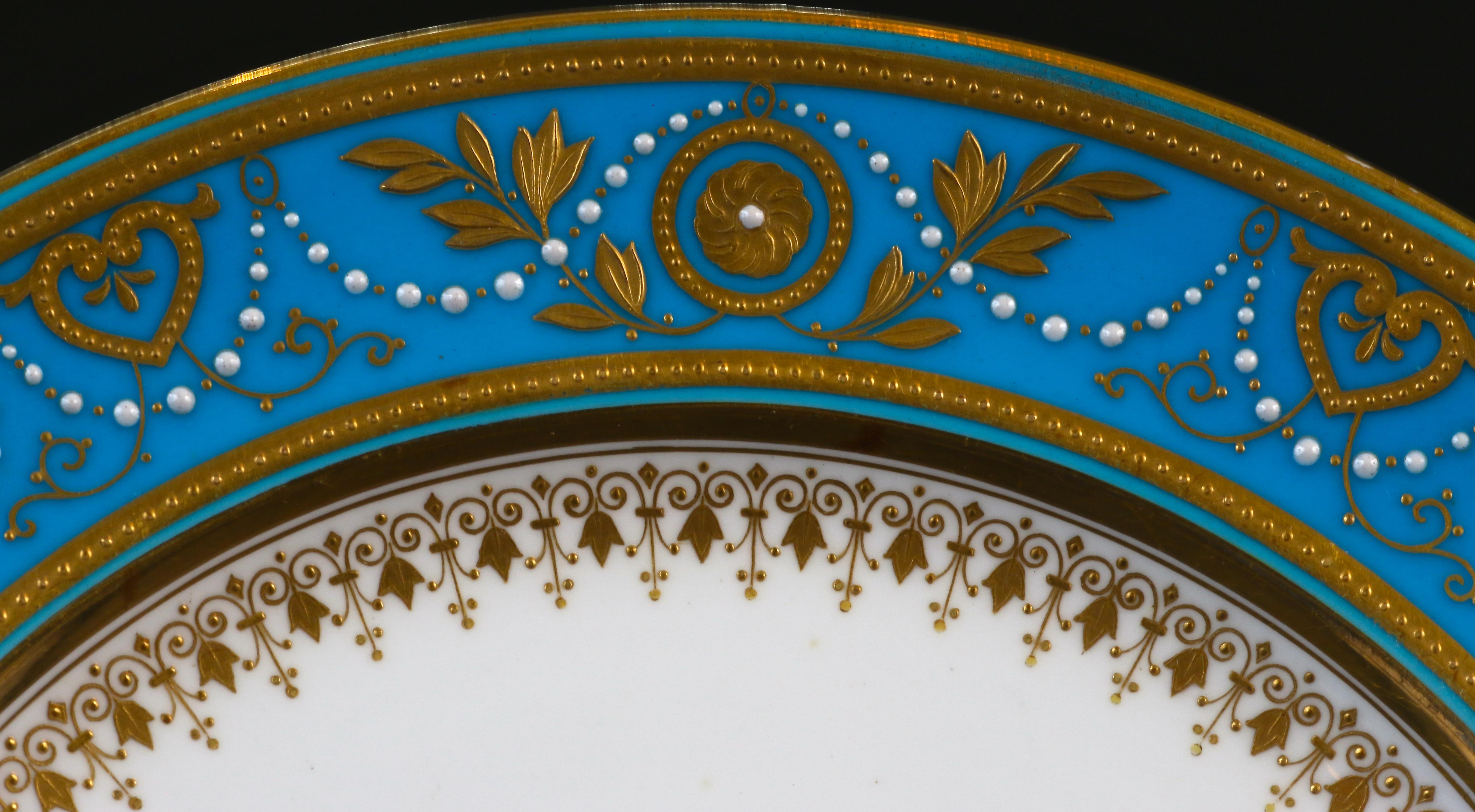 Service of Minton Turquoise and Gold Monogrammed Plates with Side Plates In Excellent Condition For Sale In New York, NY
