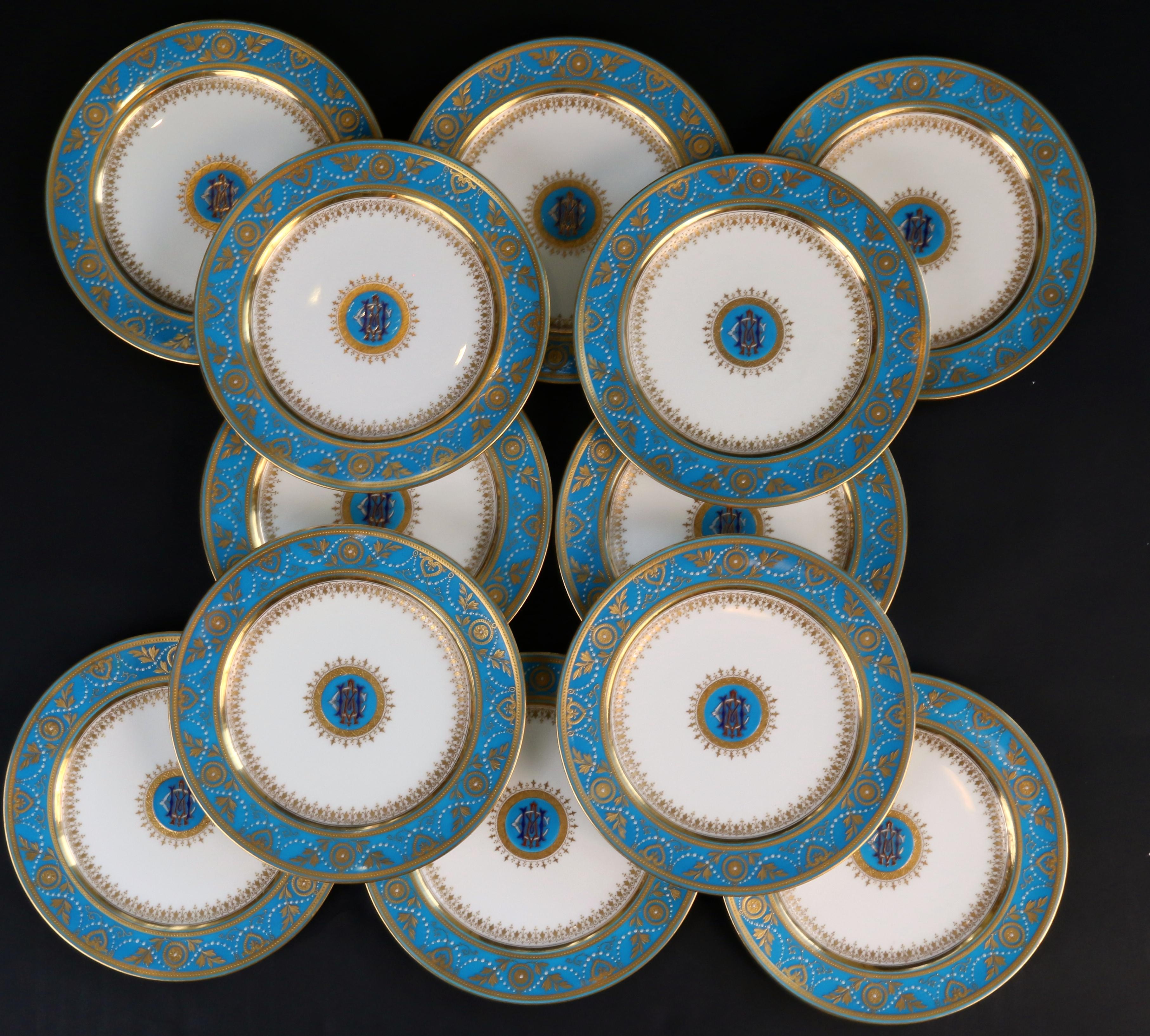 Late 19th Century Service of Minton Turquoise and Gold Monogrammed Plates with Side Plates For Sale
