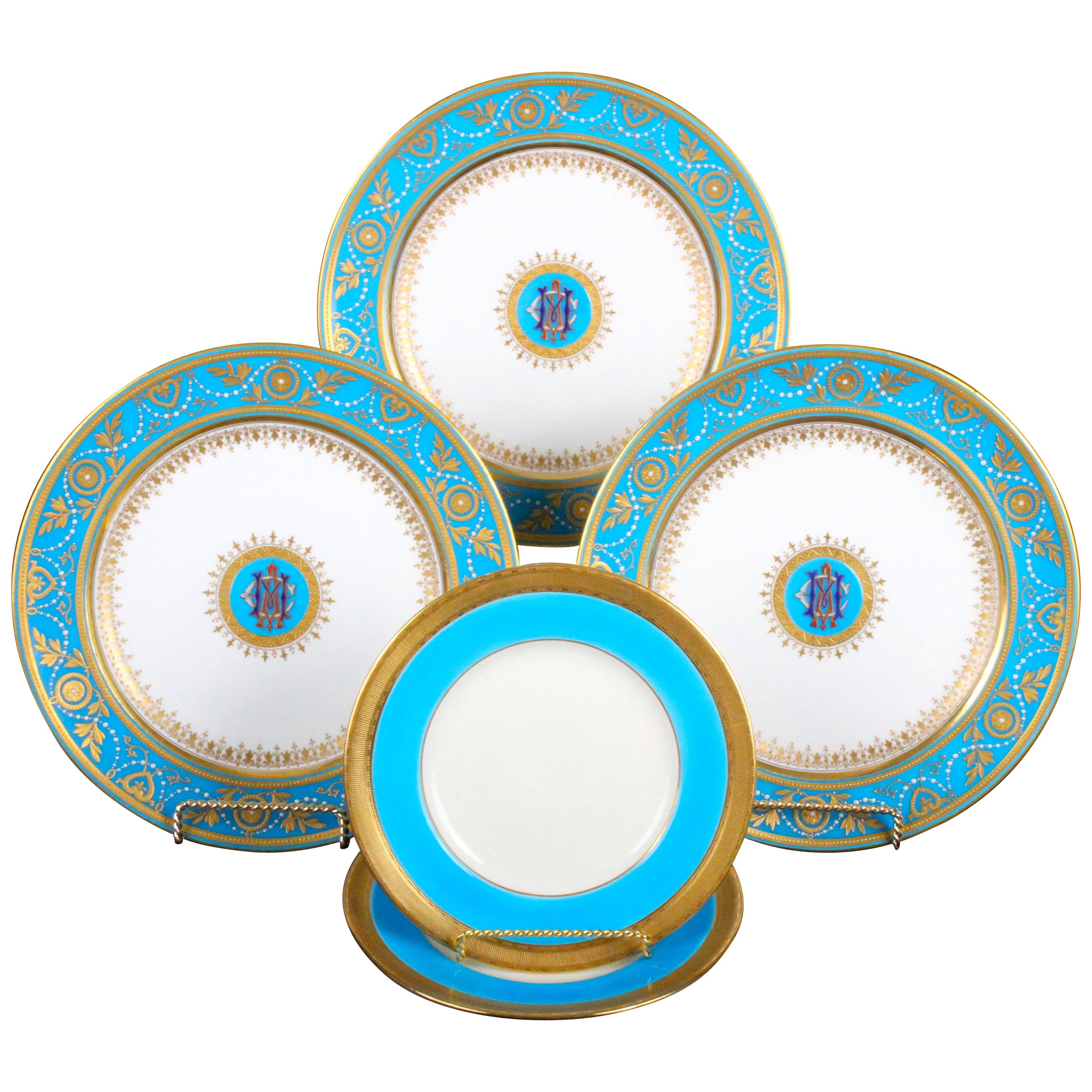 Service of Minton Turquoise and Gold Monogrammed Plates with Side Plates For Sale