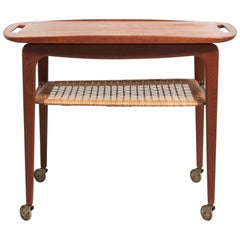 Service Trolley in Teak with a Rattan Shelf by Johannes Andersen