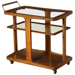 Service Trolley Walnut Wood Glass, Italy, 1950s