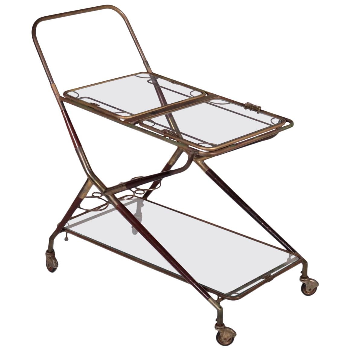Service Trolley Wood Brass Glass, Italy, 1950s