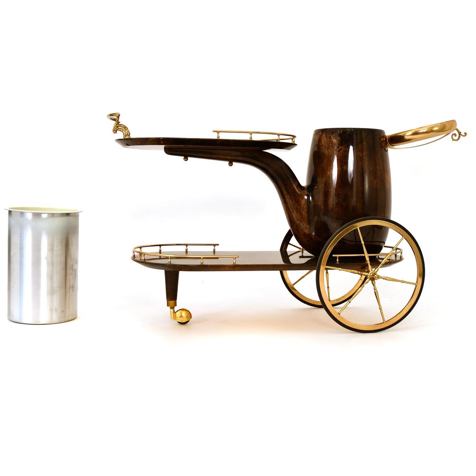 Mid-20th Century Serving Bar Aldo Tura Trolley Pipe Goatskin, Italy 1970, Brass Mid-Century