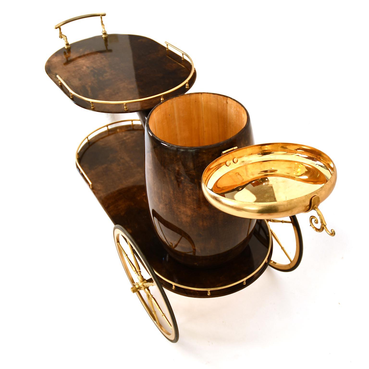 Serving Bar Aldo Tura Trolley Pipe Goatskin, Italy 1970, Brass Mid-Century 1