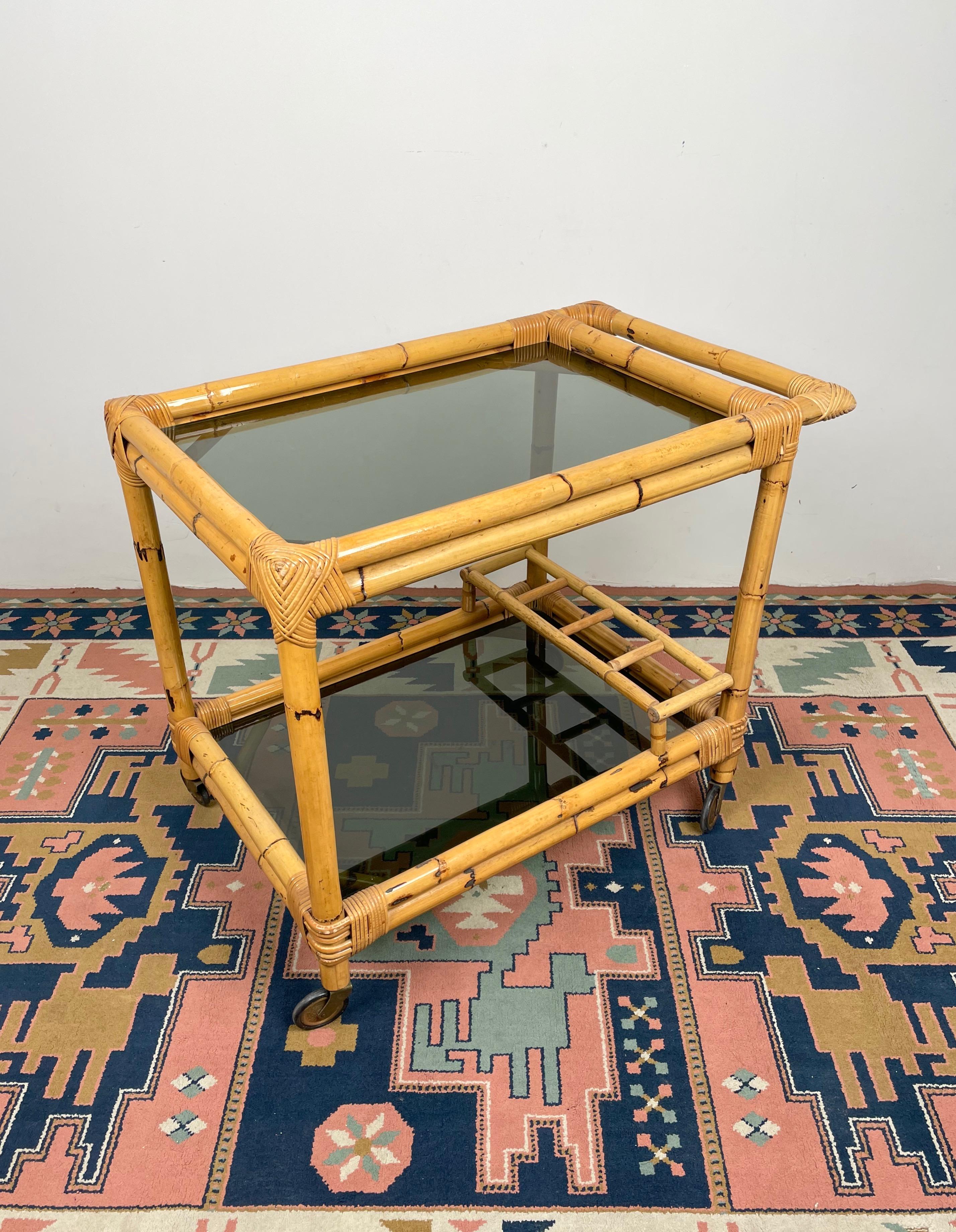 Late 20th Century Serving Bar Cart Bamboo and Smoked Glass, Italy 1970s For Sale