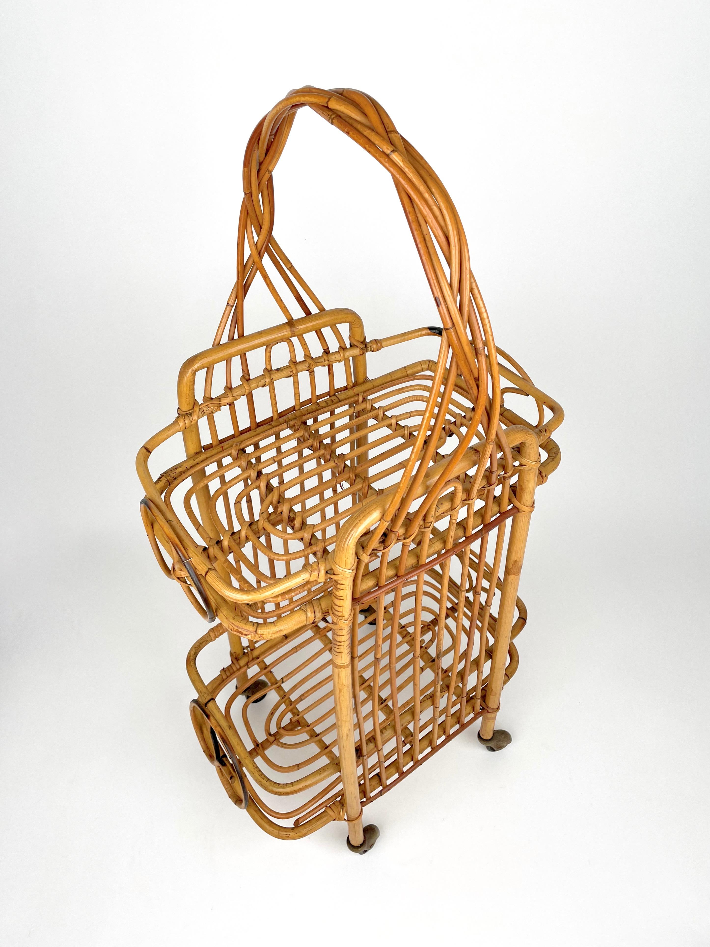 Mid-Century Modern Serving Bar Cart Bamboo & Rattan, France, 1960s For Sale