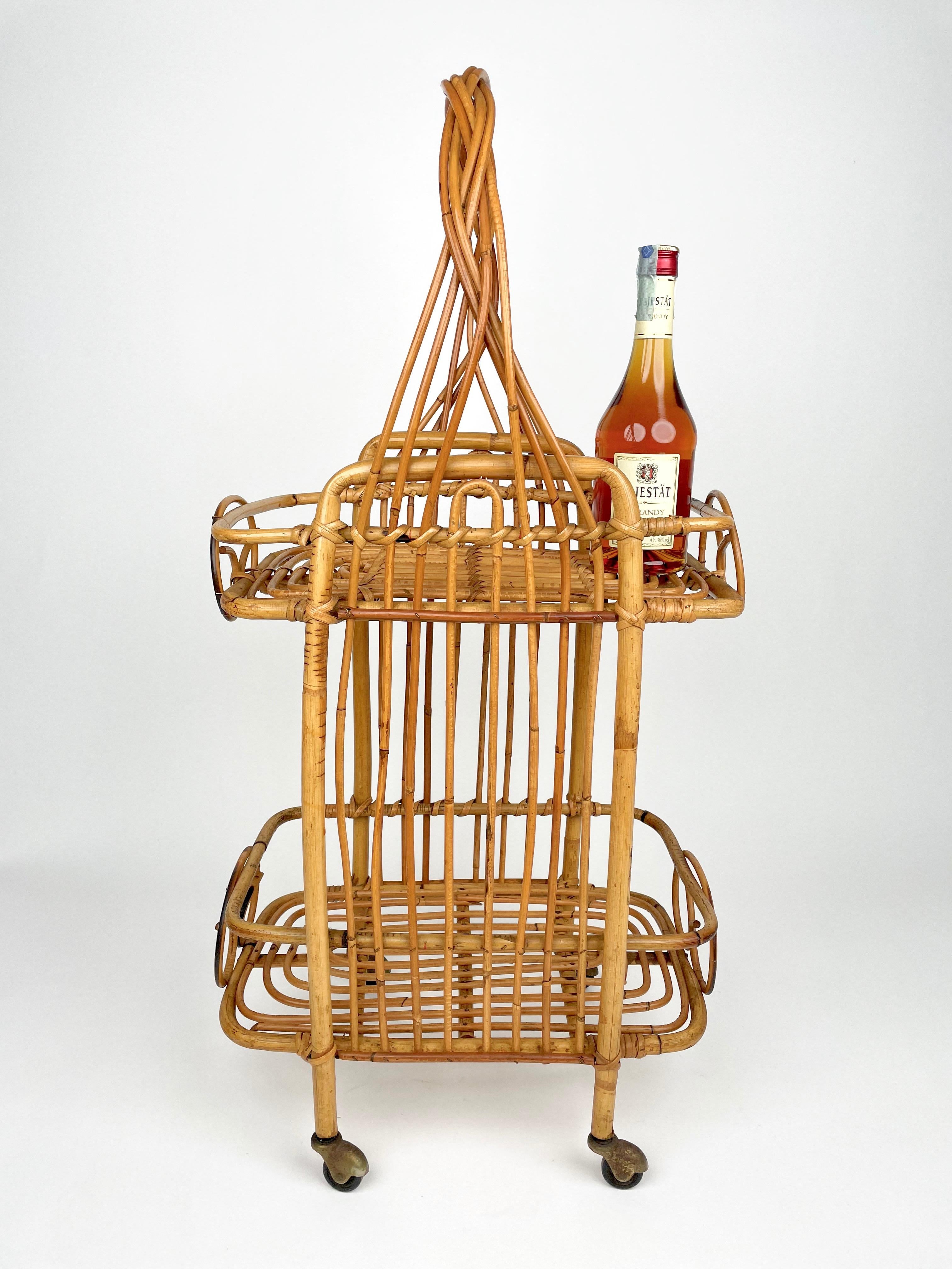 French Serving Bar Cart Bamboo & Rattan, France, 1960s For Sale