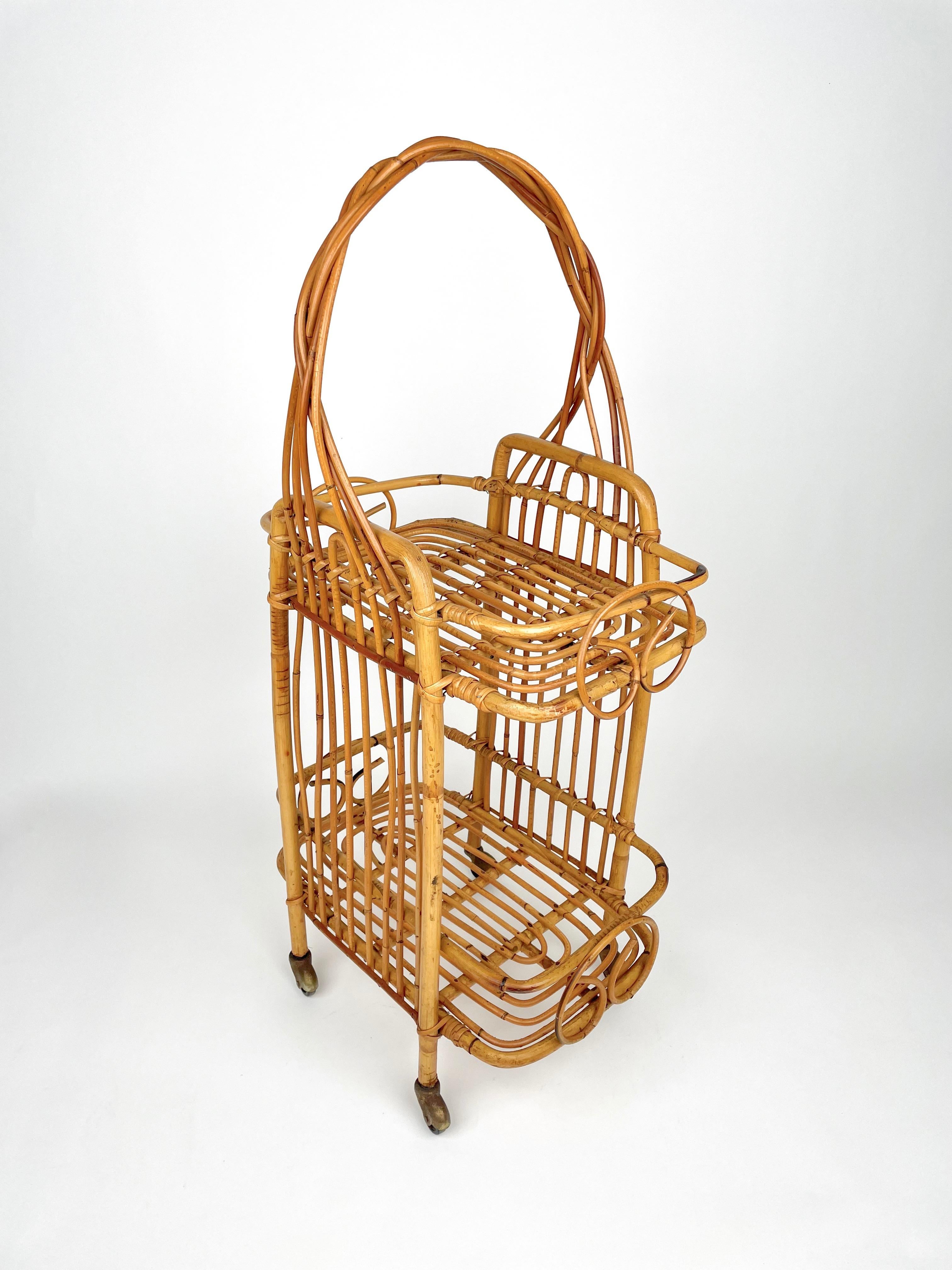 Serving Bar Cart Bamboo & Rattan, France, 1960s In Good Condition For Sale In Rome, IT