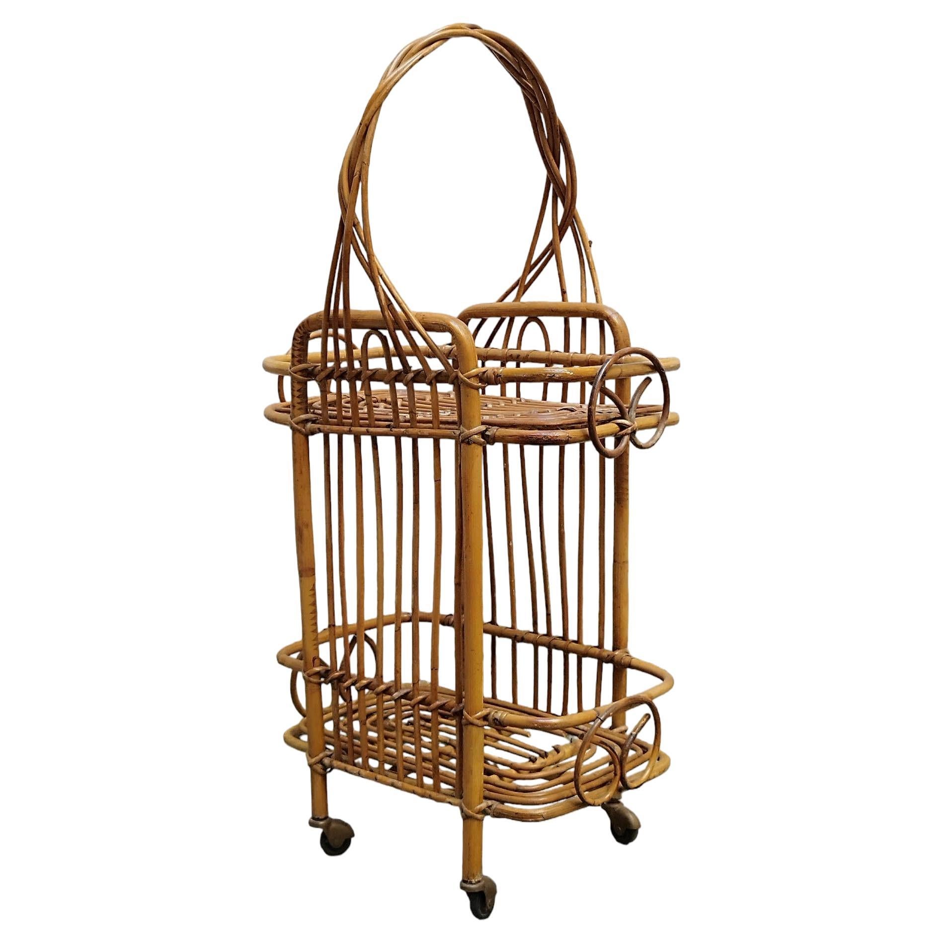 Serving Bar Cart Bamboo & Rattan, Italy 1960s For Sale