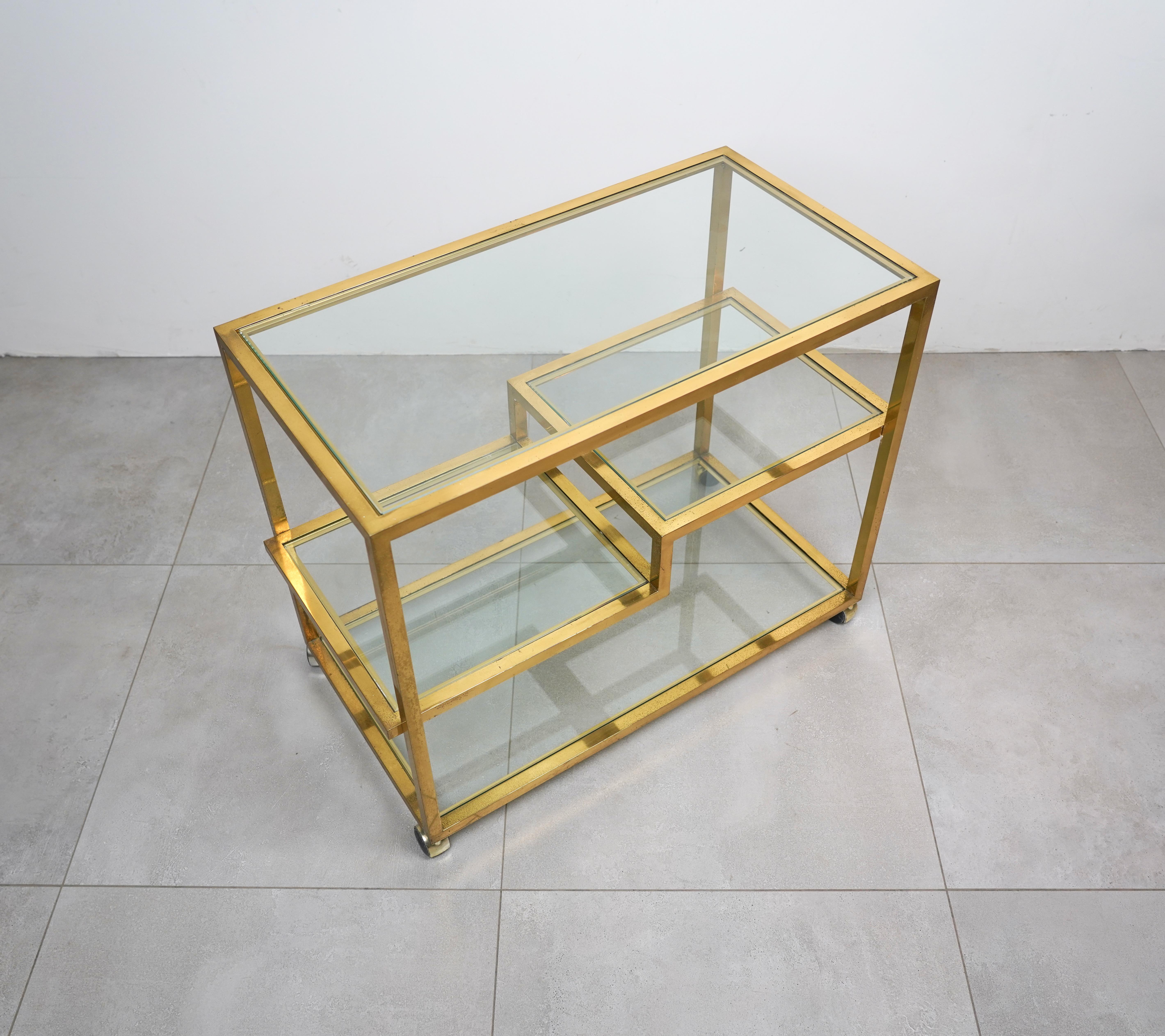Serving Bar Cart Brass and Glass in the Style of Romeo Rega, Italy 1970s 4