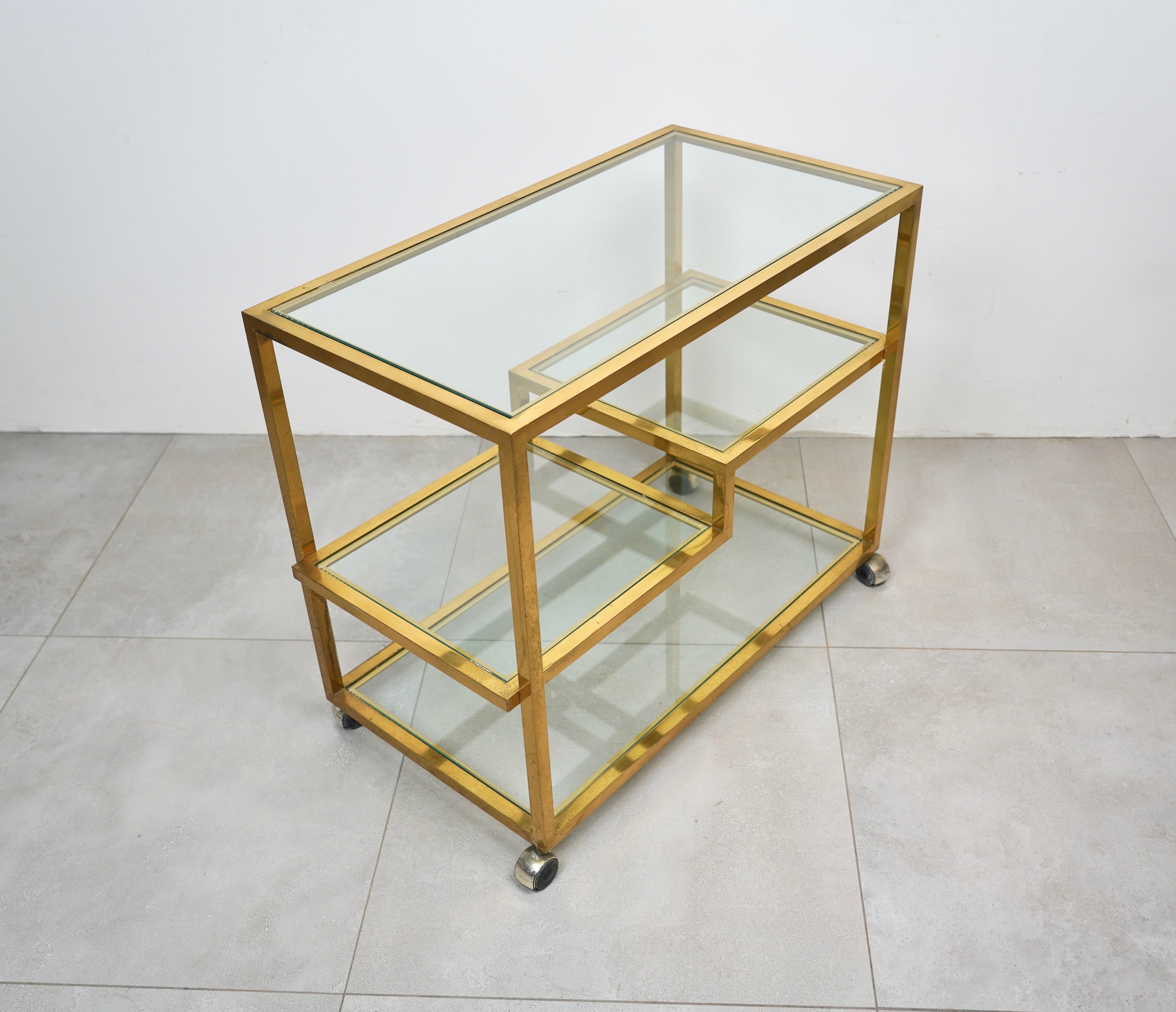 Serving Bar Cart Brass and Glass in the Style of Romeo Rega, Italy 1970s 5