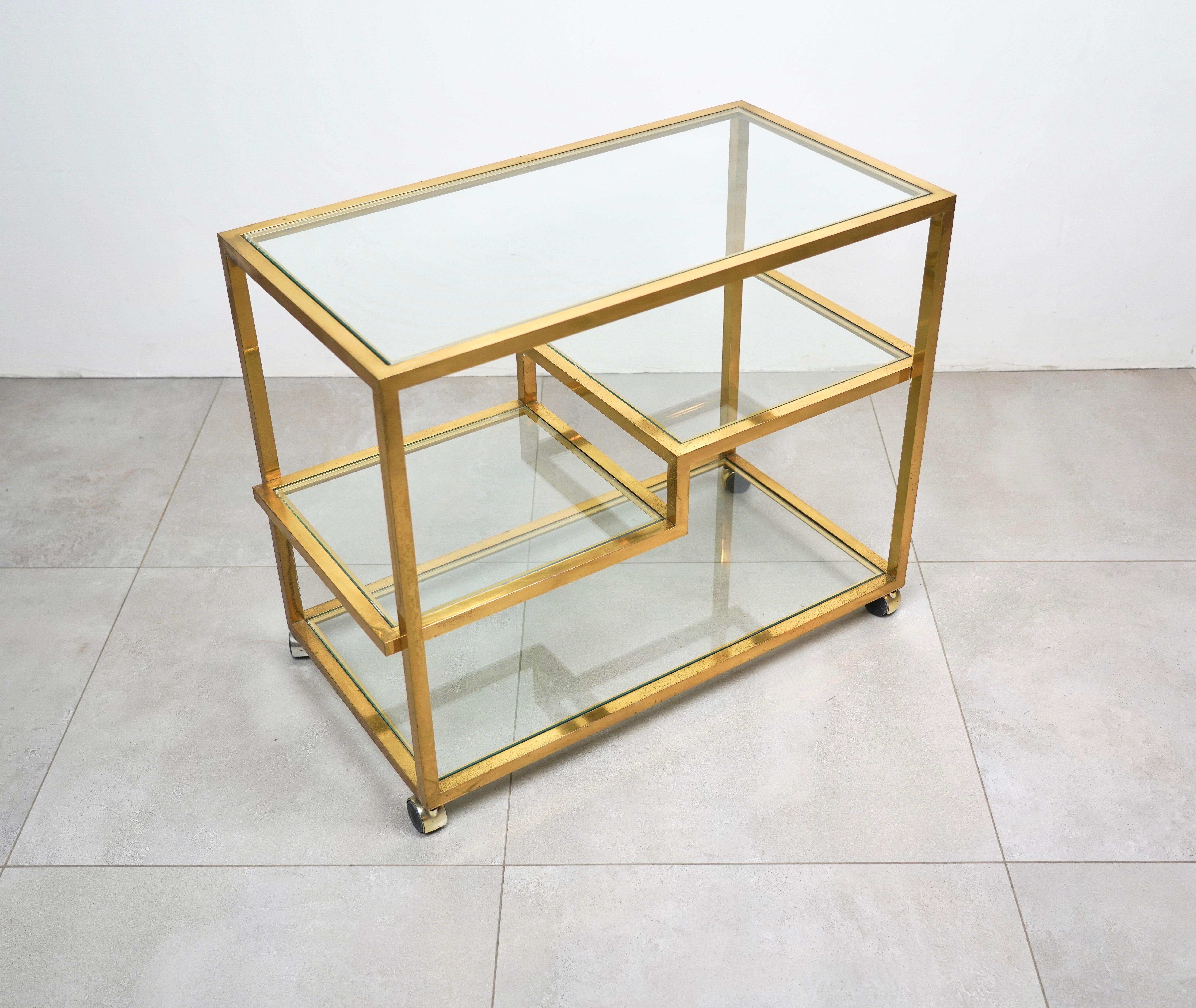 Mid-Century Modern Serving Bar Cart Brass and Glass in the Style of Romeo Rega, Italy 1970s