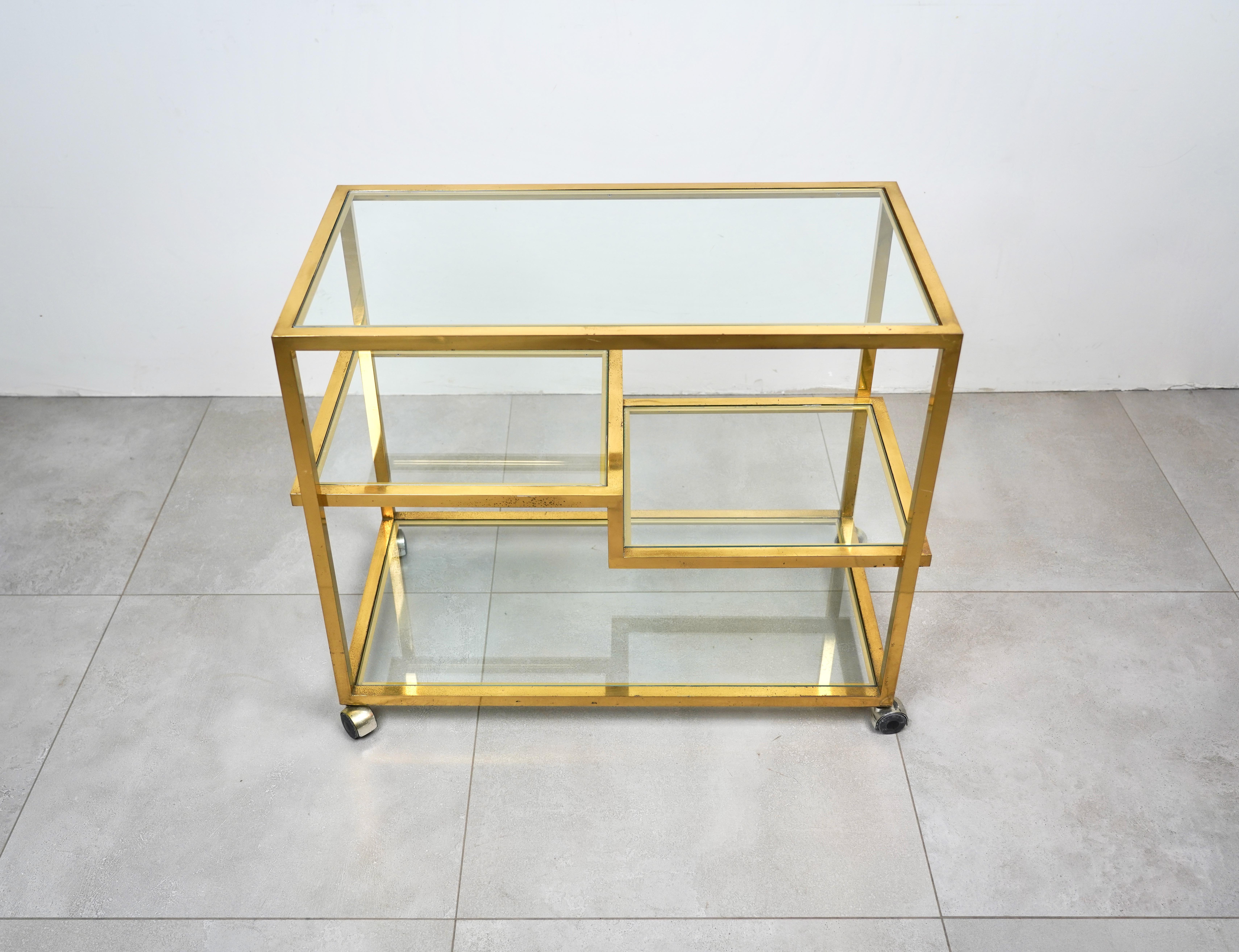 Italian Serving Bar Cart Brass and Glass in the Style of Romeo Rega, Italy 1970s