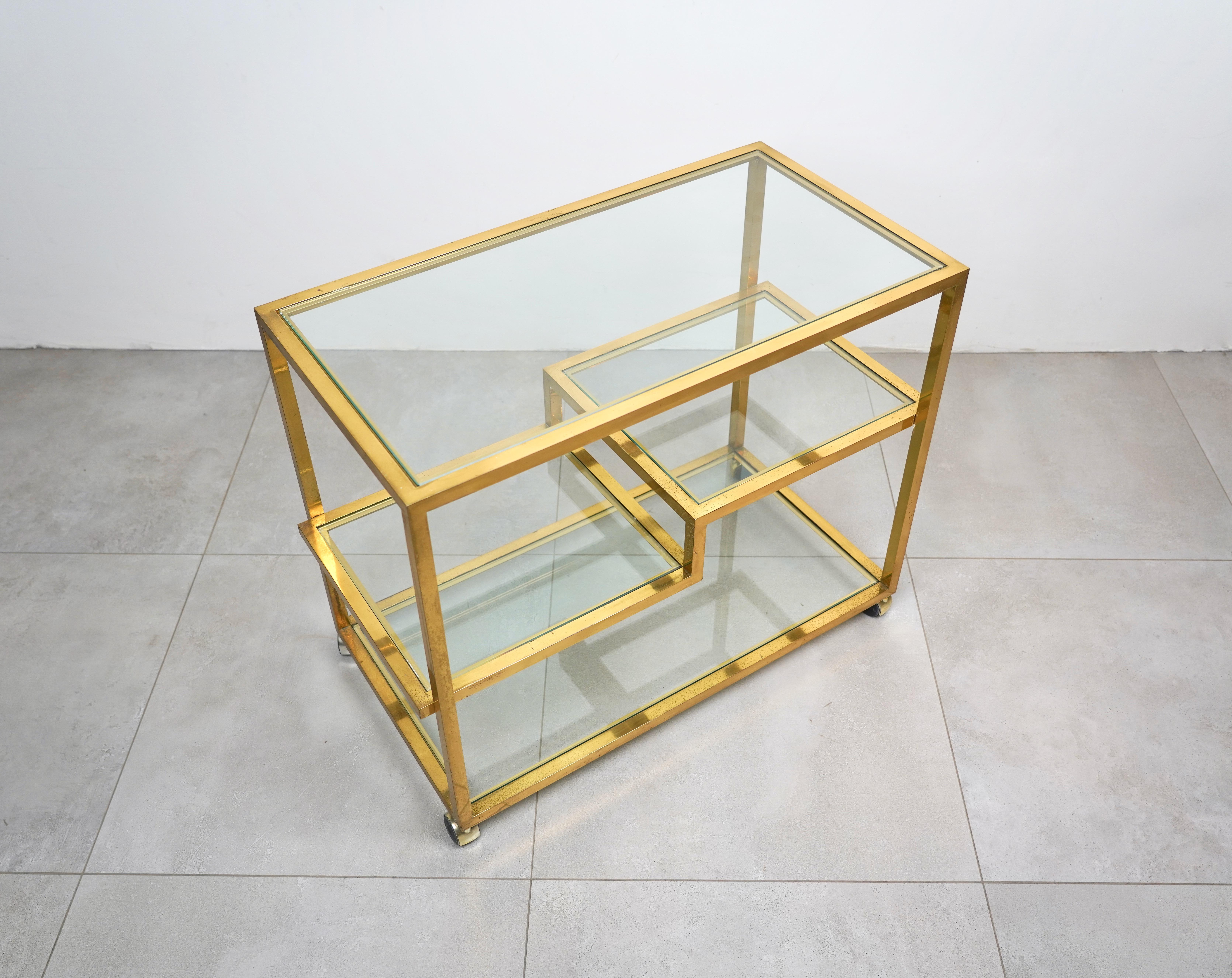 Late 20th Century Serving Bar Cart Brass and Glass in the Style of Romeo Rega, Italy 1970s