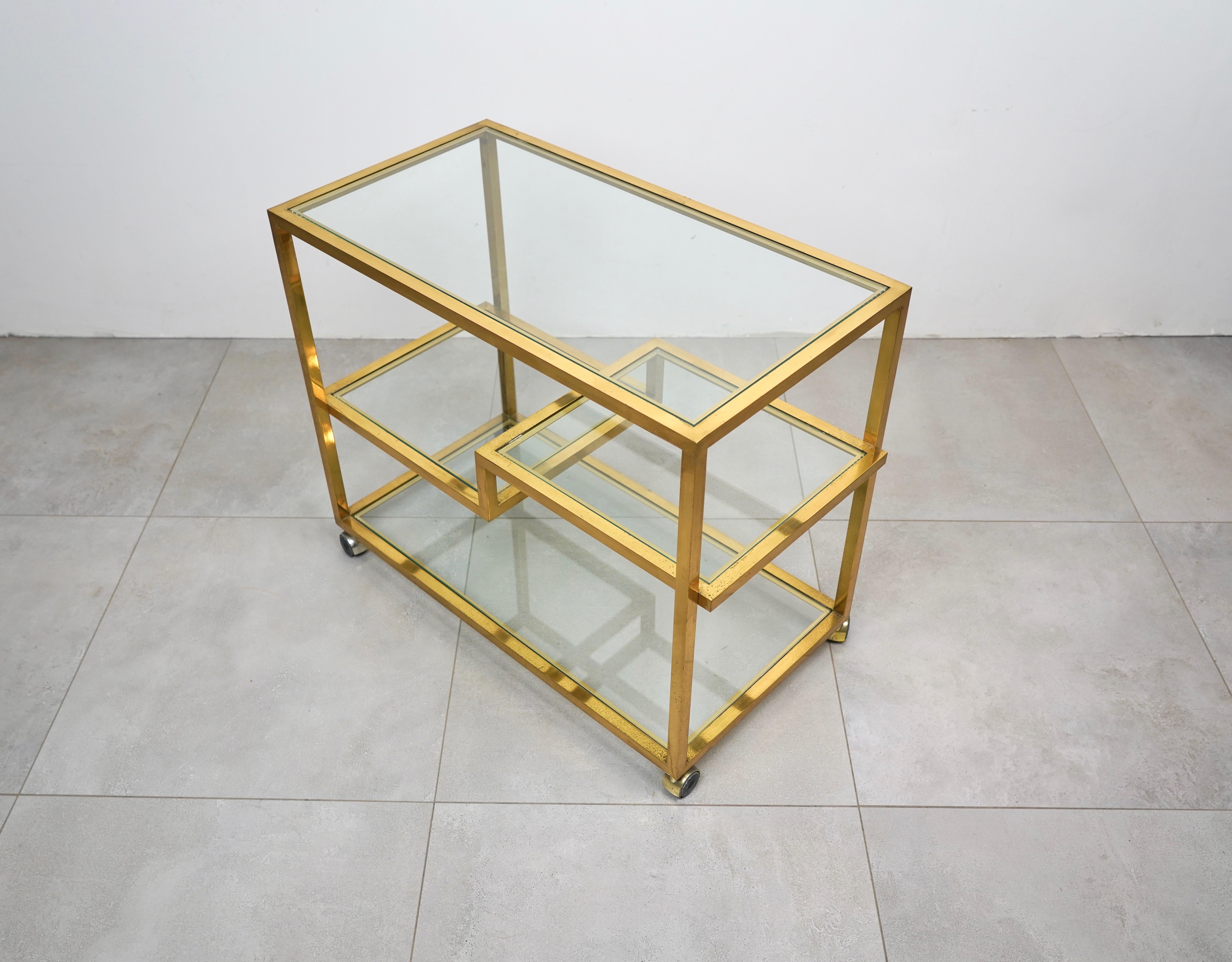 Metal Serving Bar Cart Brass and Glass in the Style of Romeo Rega, Italy 1970s