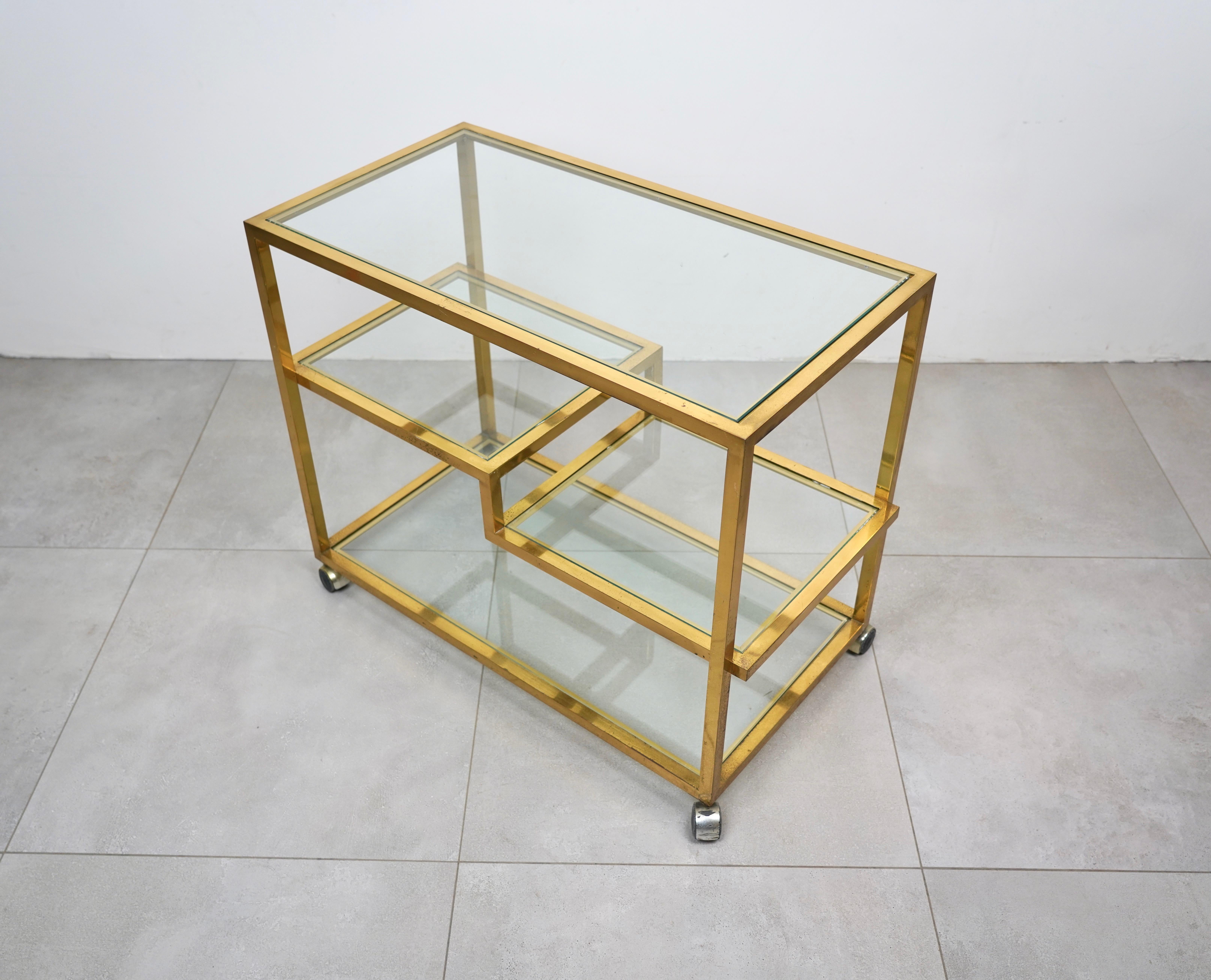 Serving Bar Cart Brass and Glass in the Style of Romeo Rega, Italy 1970s 1