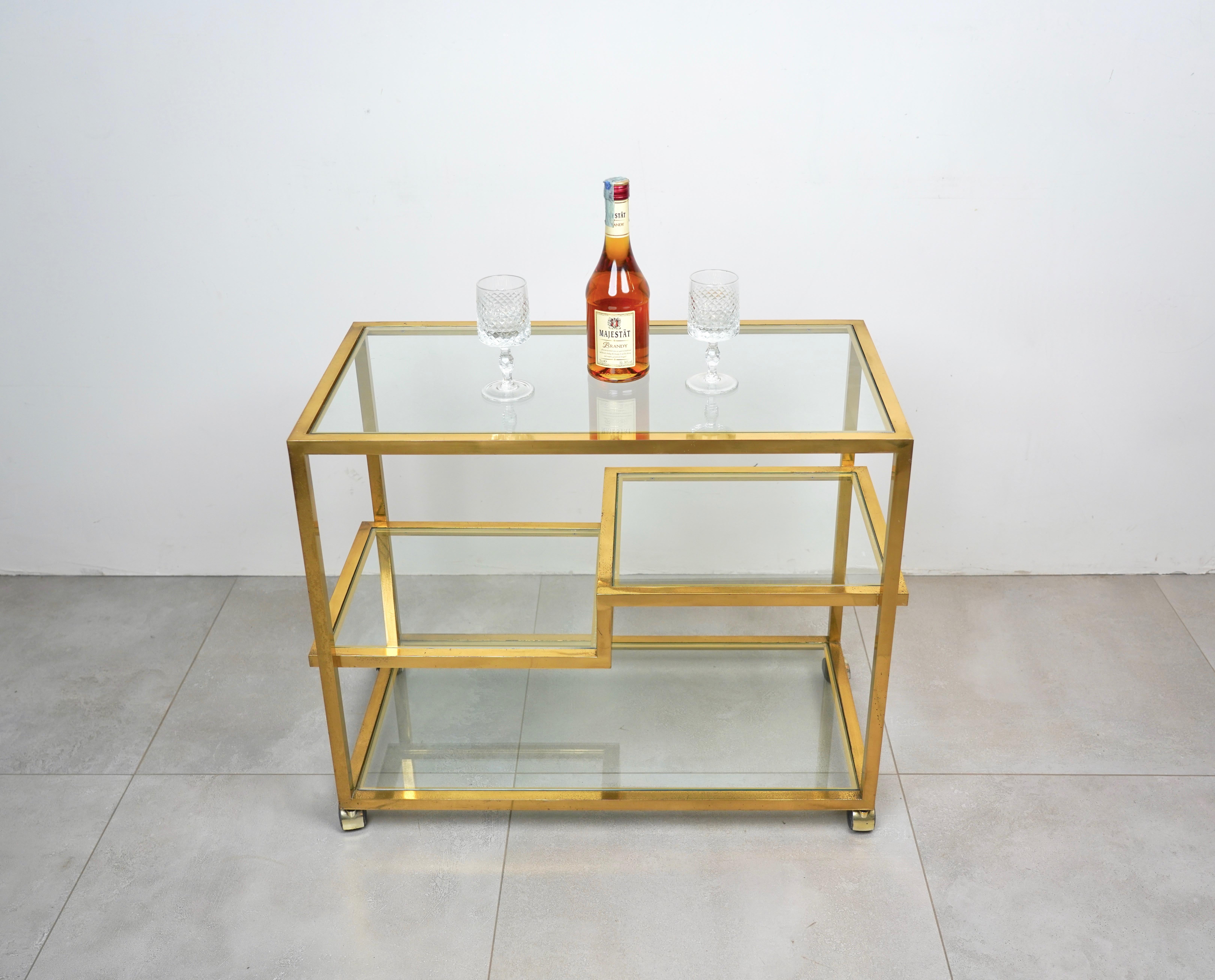 Serving Bar Cart Brass and Glass in the Style of Romeo Rega, Italy 1970s 2