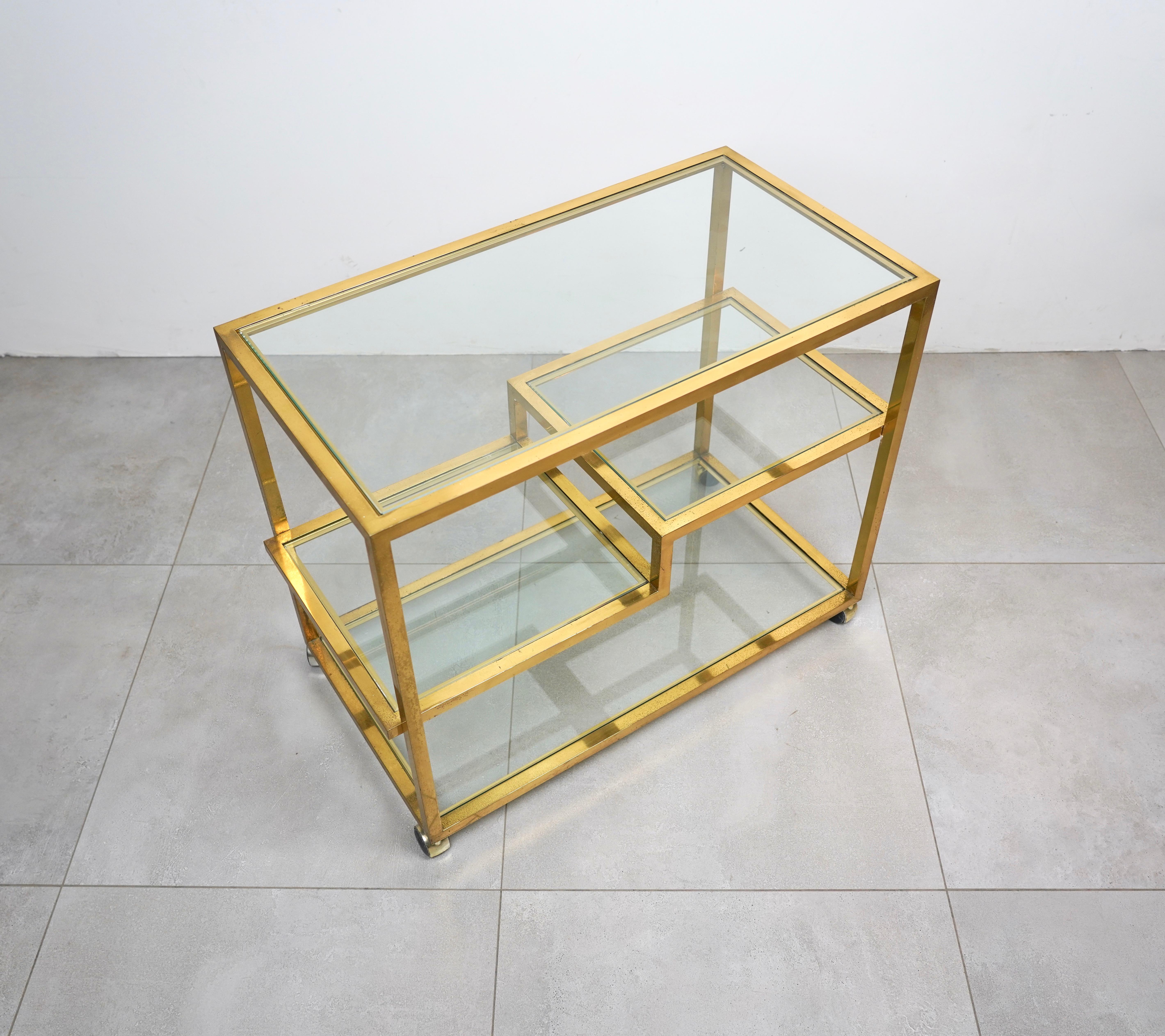 Serving Bar Cart Brass and Glass in the Style of Romeo Rega, Italy 1970s 3