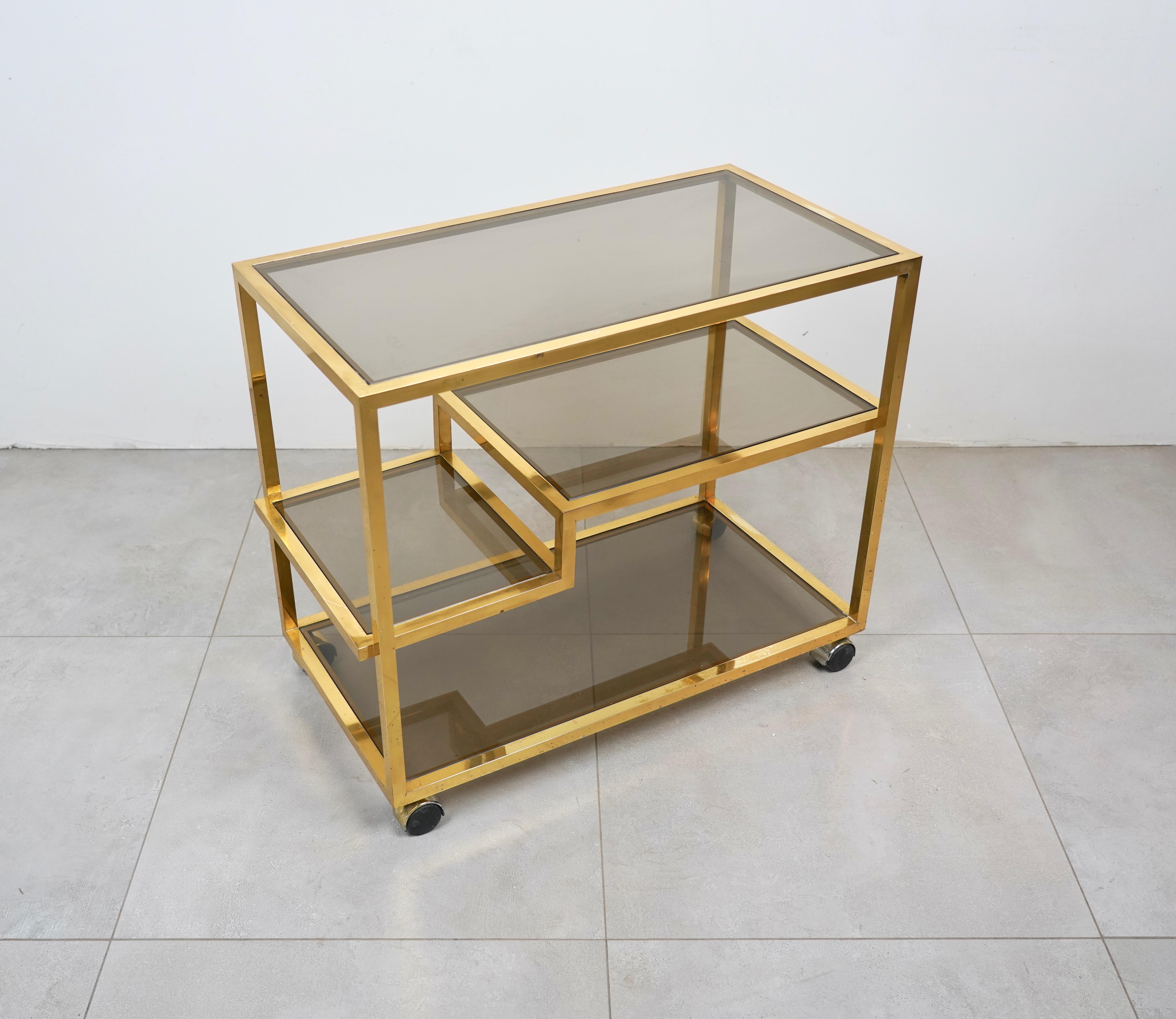 Mid-Century Modern Serving Bar Cart Brass and Smoked Glass Romeo Rega Style, Italy 1970s For Sale