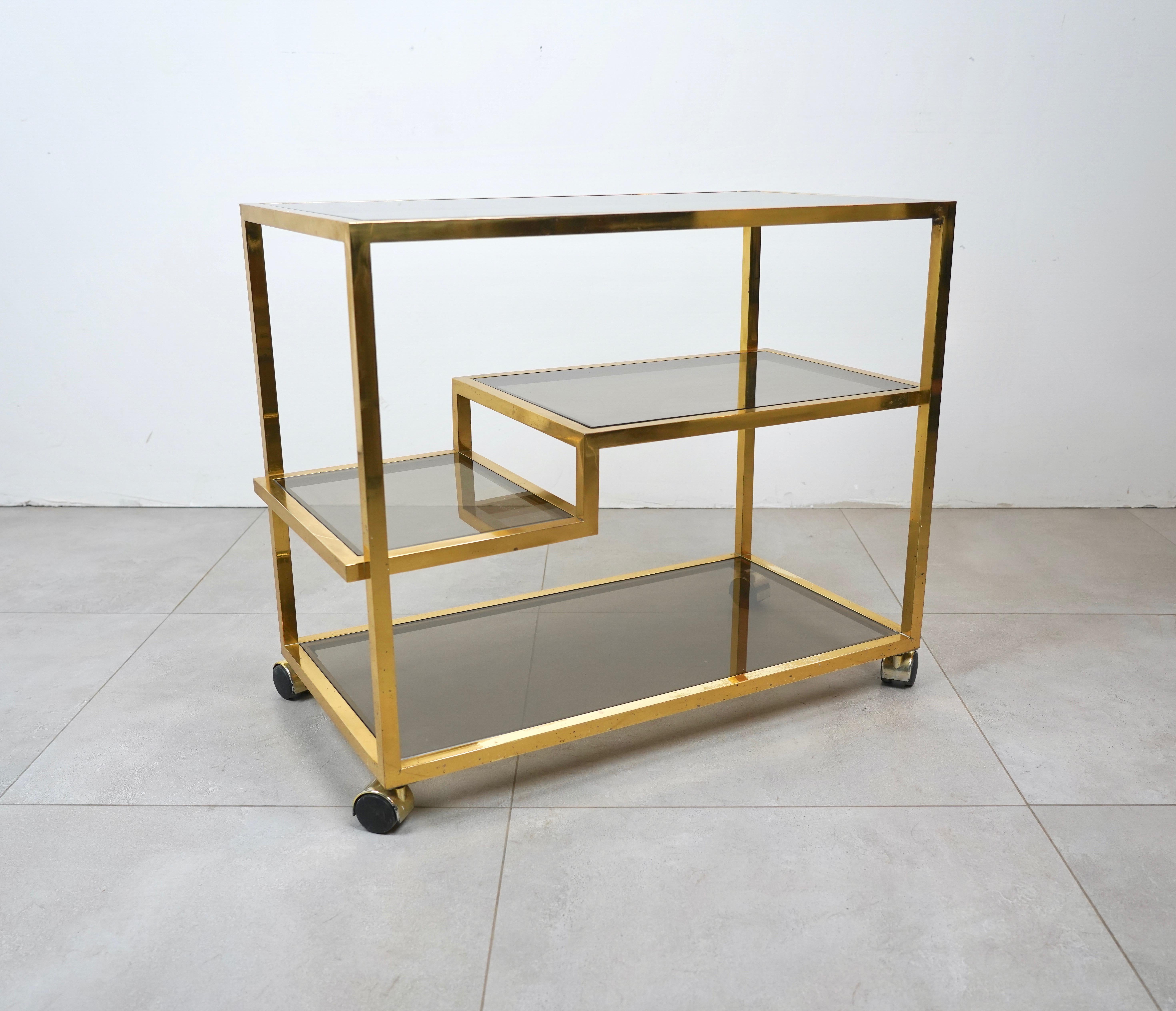 Late 20th Century Serving Bar Cart Brass and Smoked Glass Romeo Rega Style, Italy 1970s For Sale