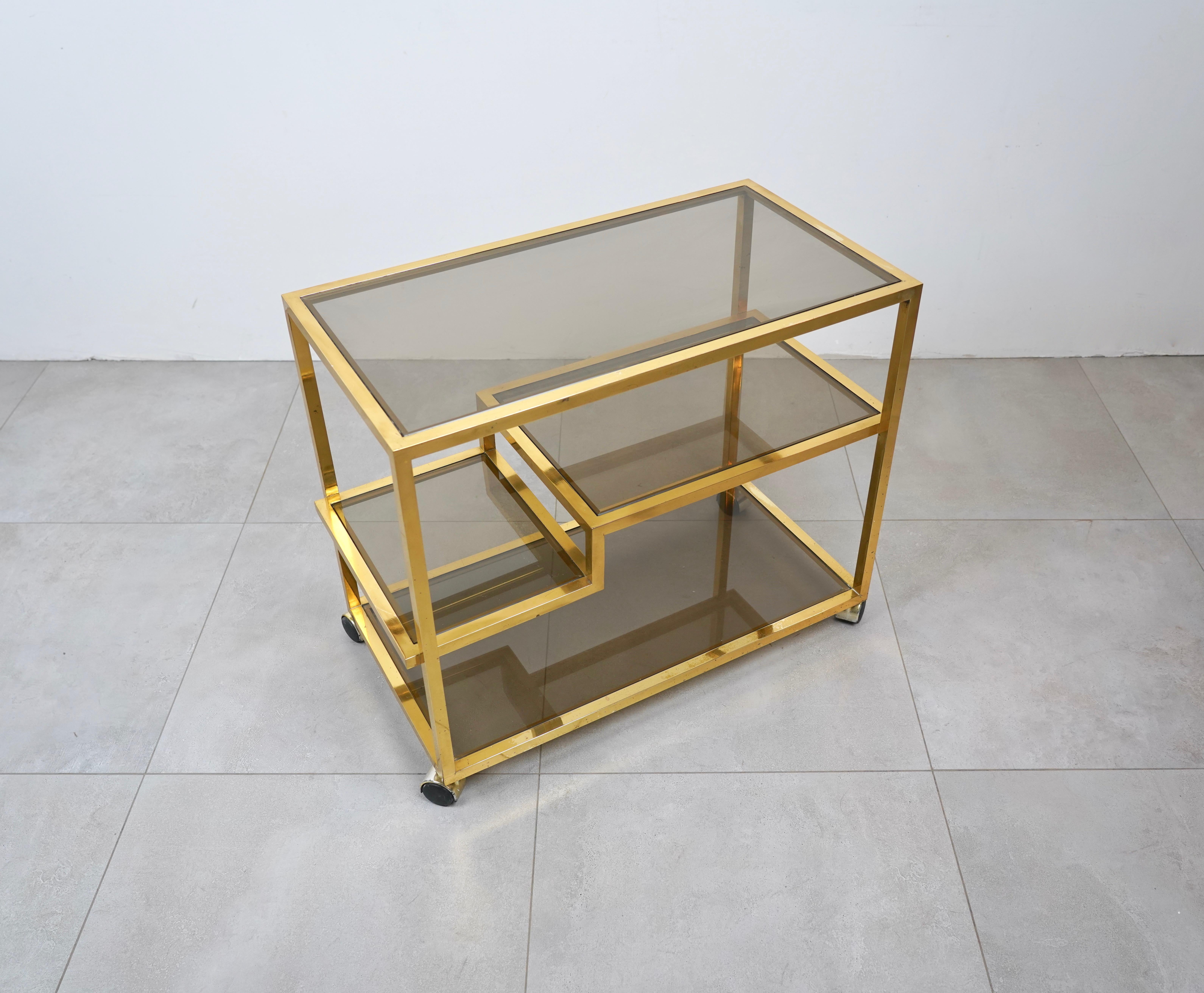 Metal Serving Bar Cart Brass and Smoked Glass Romeo Rega Style, Italy 1970s For Sale